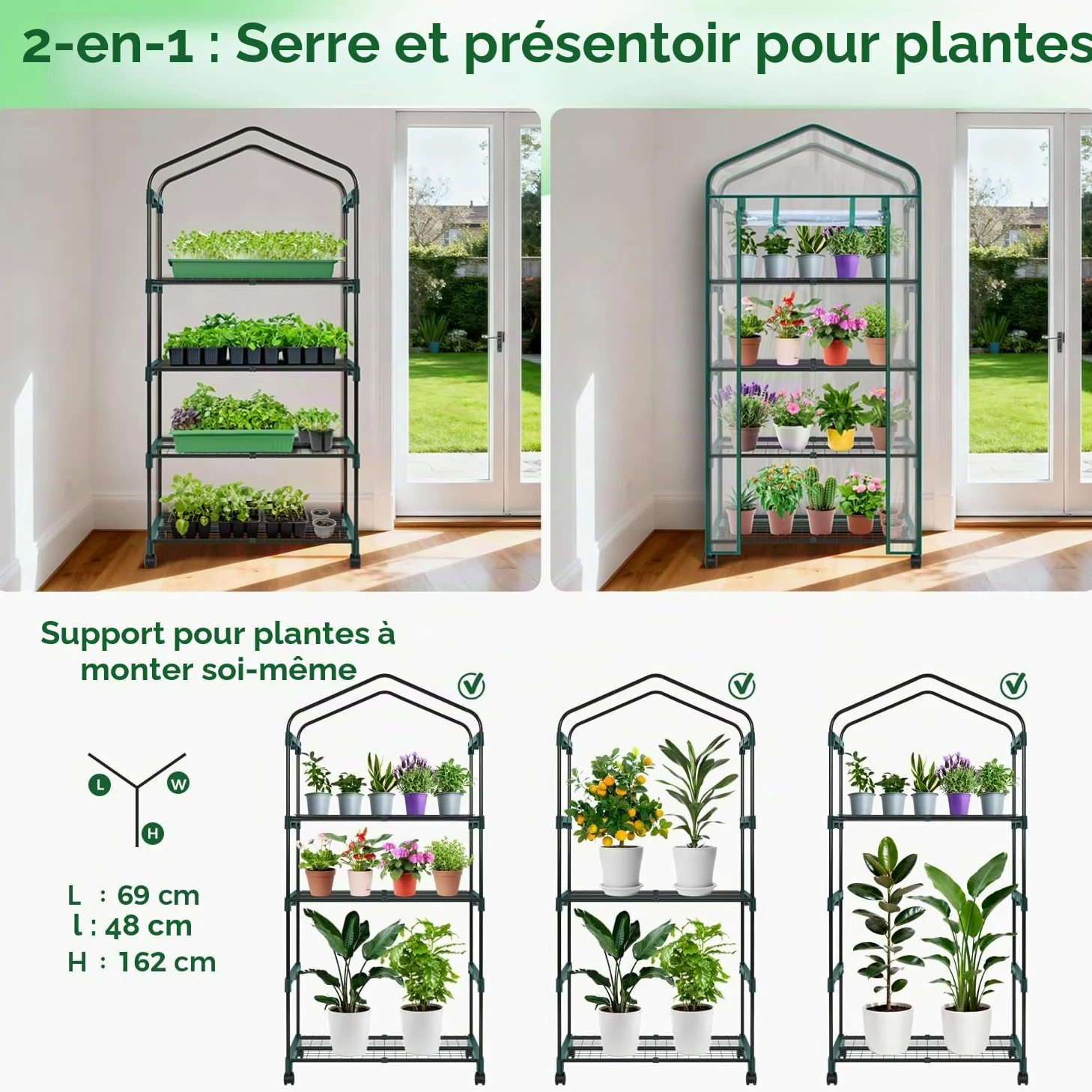 Ohuhu Petite Serre en Film Plastique de qualité supérieure avec Roues de Verrouillage - avec 4 étagères - Peu encombrante - pour Balcon et Jardin - 69 x 48 x 162 cm - Transparent