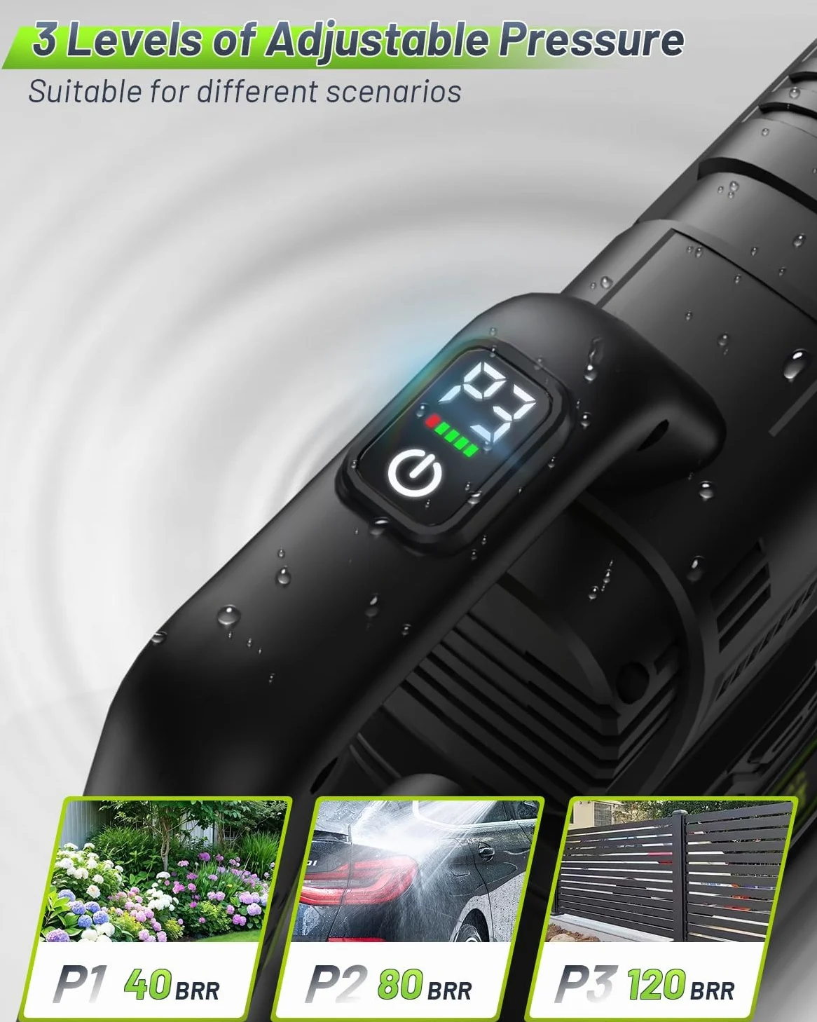 Nettoyeur Haute Pression sur Batterie 4000mAh, Max 120Bar Nettoyeur Haute Pression sans Fil avec Moteur sans Balais, 3 Niveaux Réglables, pour Lavage de Voiture et Nettoyage du Jardin