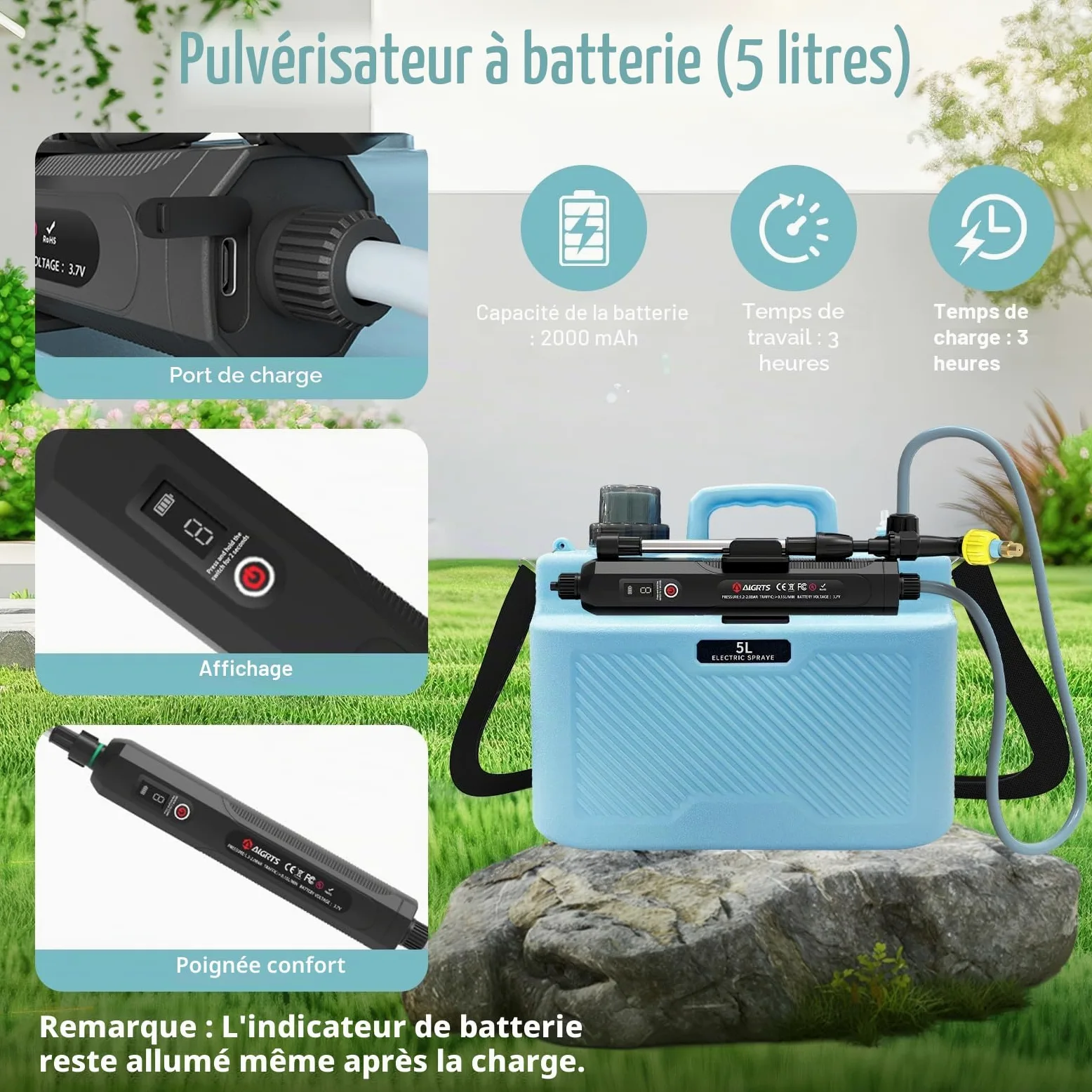 Pulvérisateur Électrique 5L Rechargeable, Pulvérisateur à Dos Jardin avec 4 Buses et Canne Télescopique adapté pour Arrosage et Désherbage dans Le Jardin