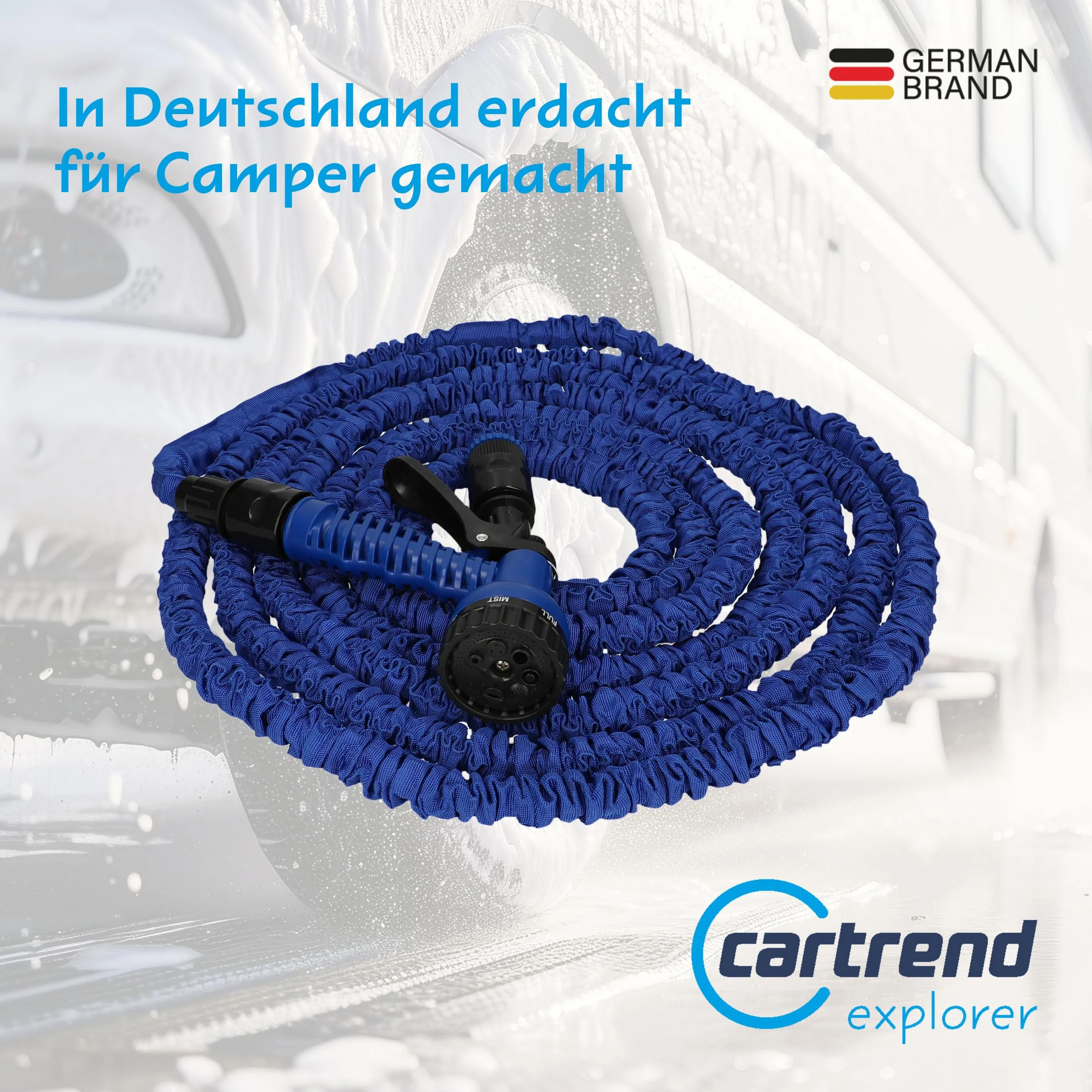 Cartrend 10386 Tuyau d'arrosage extensible pour caravane, camping-car, accessoire de caravane, dimensions 5-15 m, bleu/noir