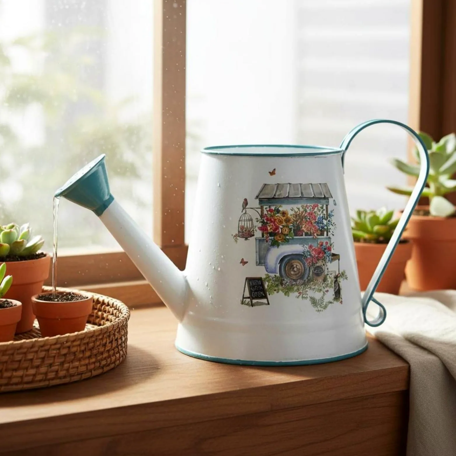 Arrosoir Métal Arrosoir Jardin Arrosoir, Blanc, Camion Fleuri avec Bordure Et Poignée Turquoise