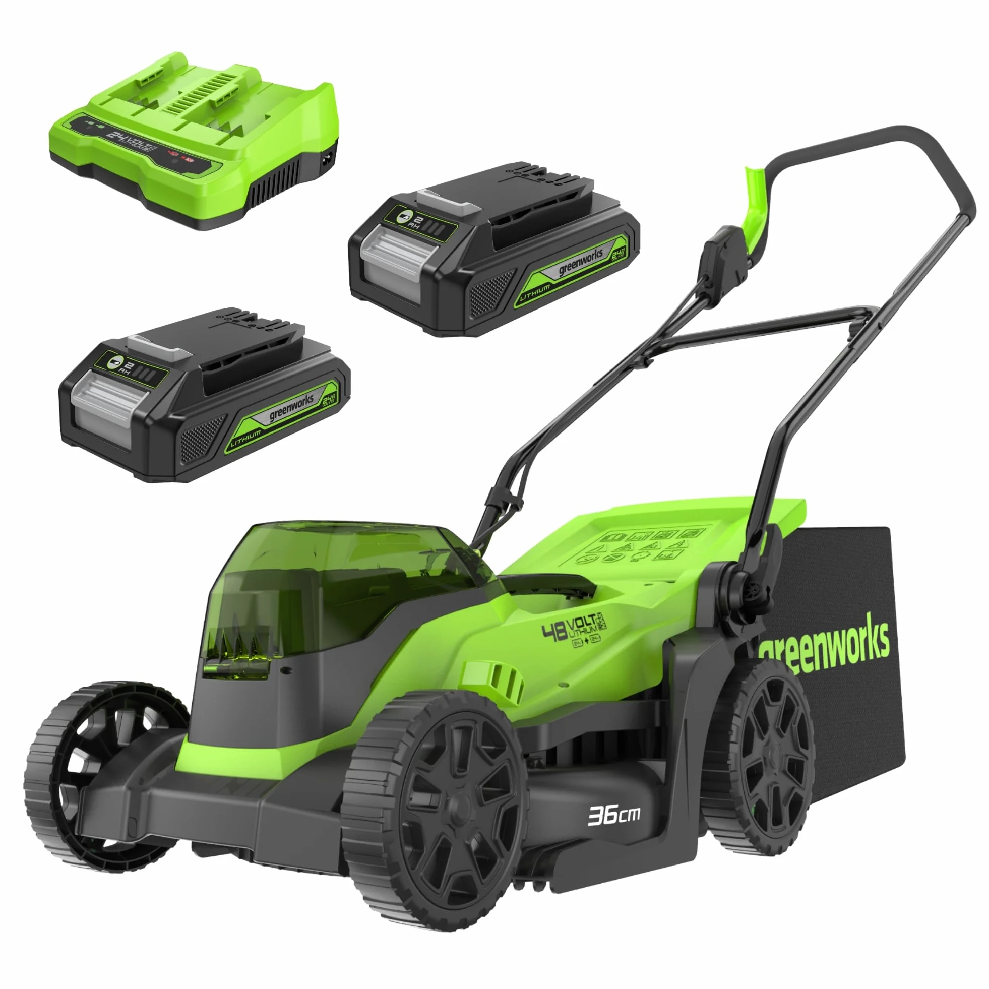 Greenworks 48V (24V x 2) Tondeuse à gazon sans fil , 36cm largeur jusqu'à 200m² ,40L Sac de Ramassage avec batterie 2x2Ah et chargeur à double fente, Garantie 3 Ans, GD24X2LM36K2x
