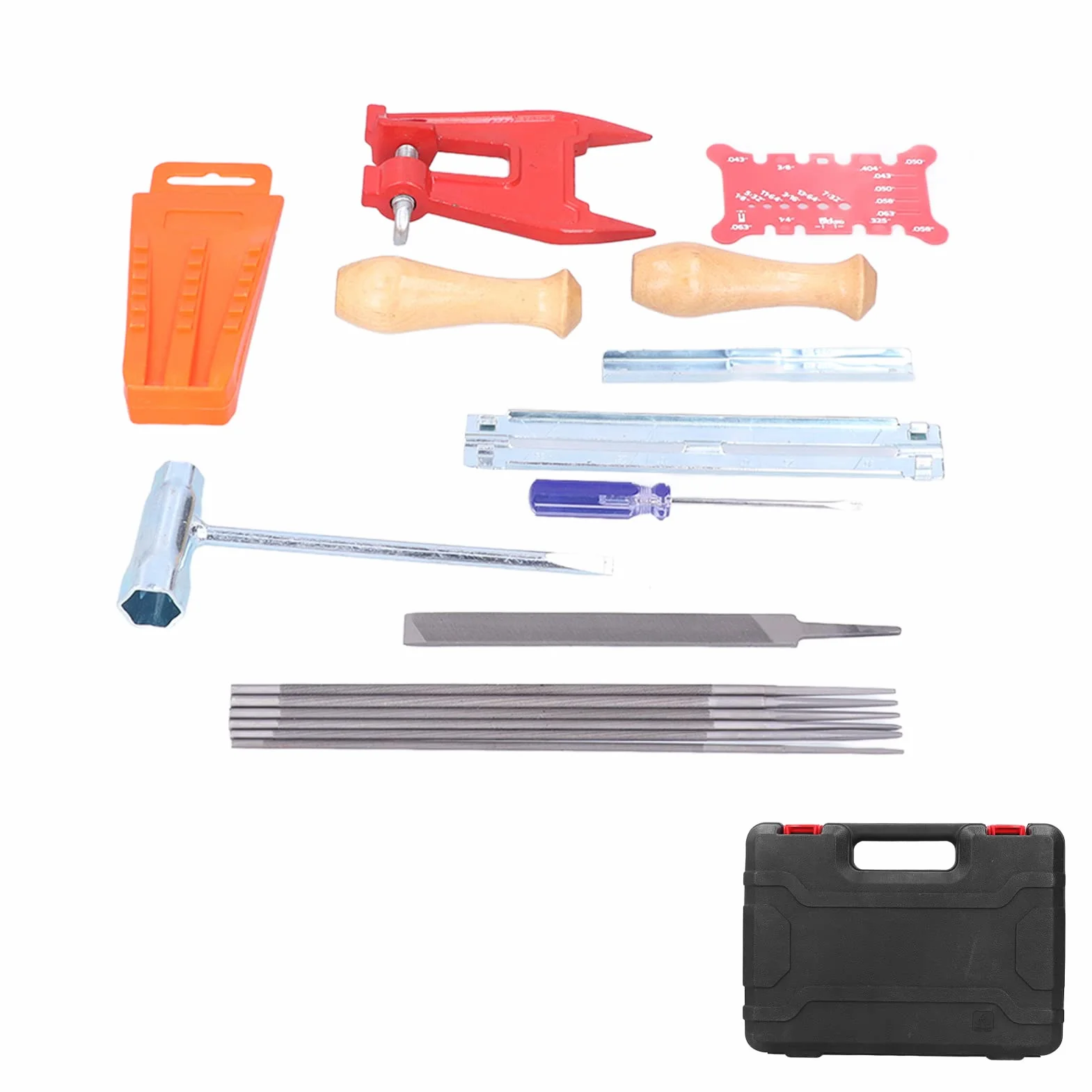 Tyenaza Kit d'affûtage de tronçonneuse 16 pièces avec étui de Rangement, Comprenant Une Lime Ronde, Un Tournevis Plat, Un Guide de Lime, Un Manche en Bois, Une Barre d'abattage et Un Outil de Mesure.
