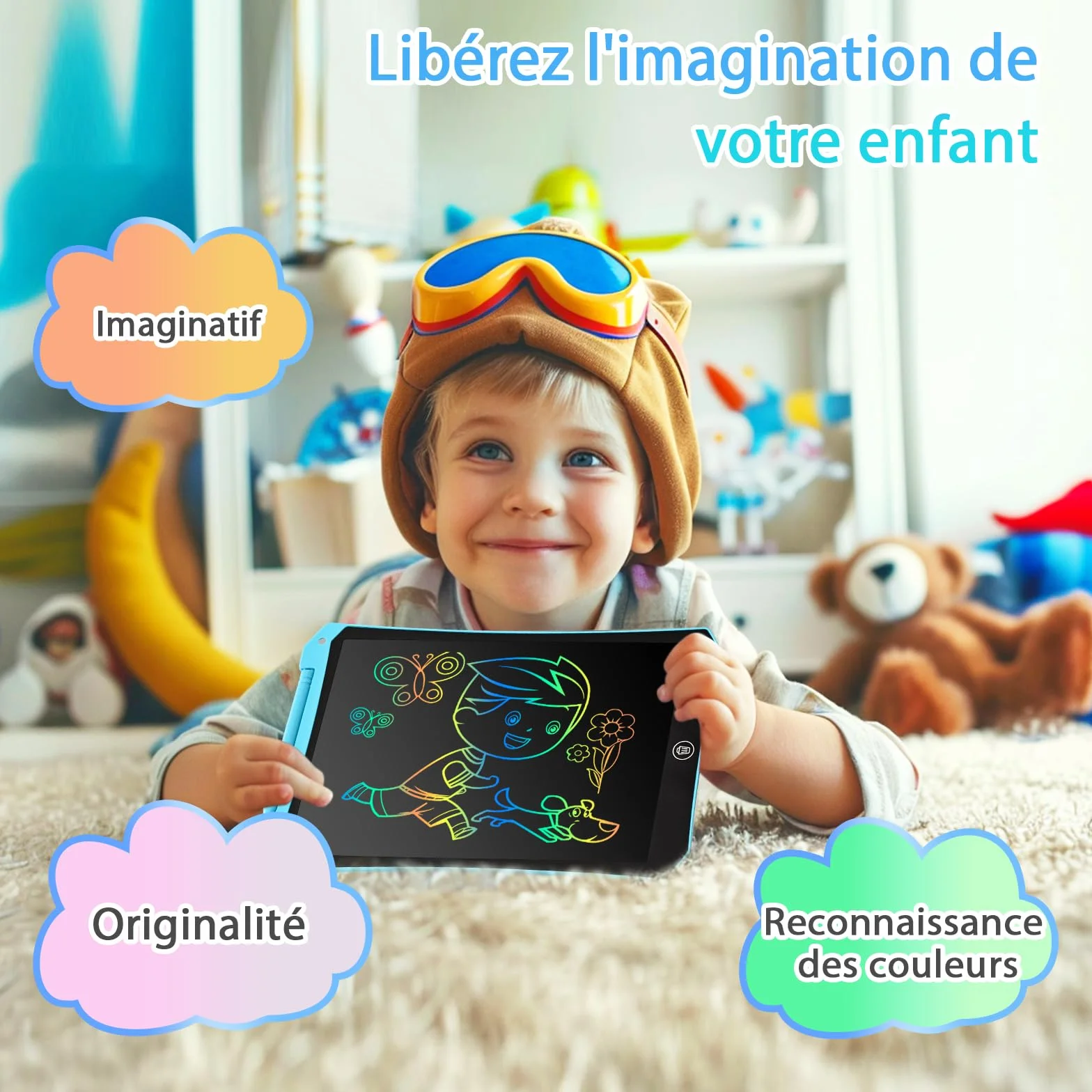 BlueSwan Tablette Magique Enfant 10 Pouces LCD, Jouet Voyage Avion Voiture, Cadeau Rentrée Anniversaire Noël (Bleu+Rose)