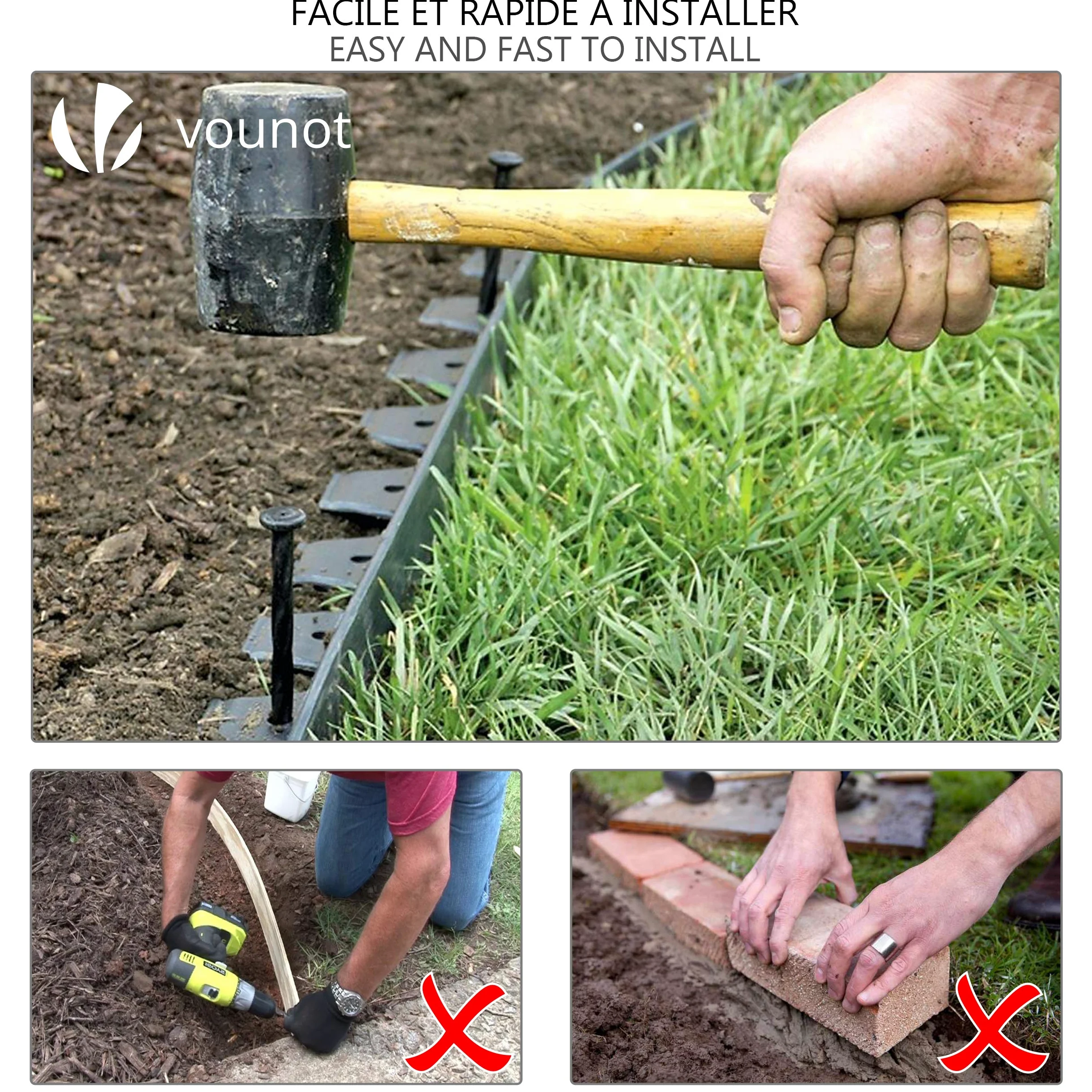 VOUNOT Bordure de Jardin en Plastique 10 mètres avec 30 Piquets d'ancrage Bordurette de Pelouse & Toile de Paillage avec 30pcs de Piquets Contre Les Mauvais Herbes 10Mx2M