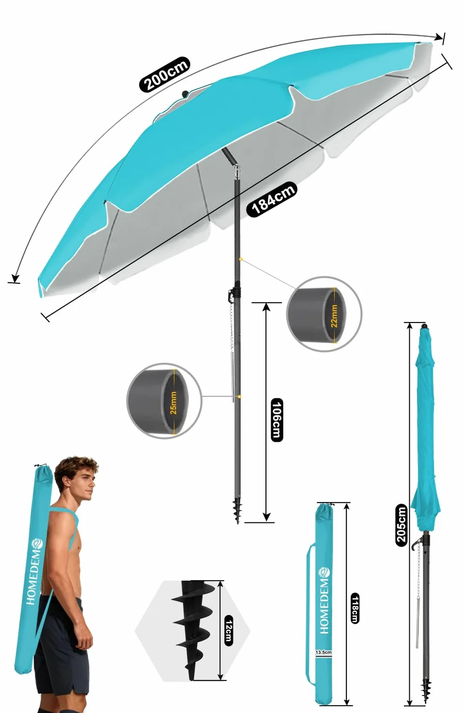 Parasol Plage Inclinable UV50+ 200cm Turquoise HOMEDEMO avec Pied d'Ancrage & Housse