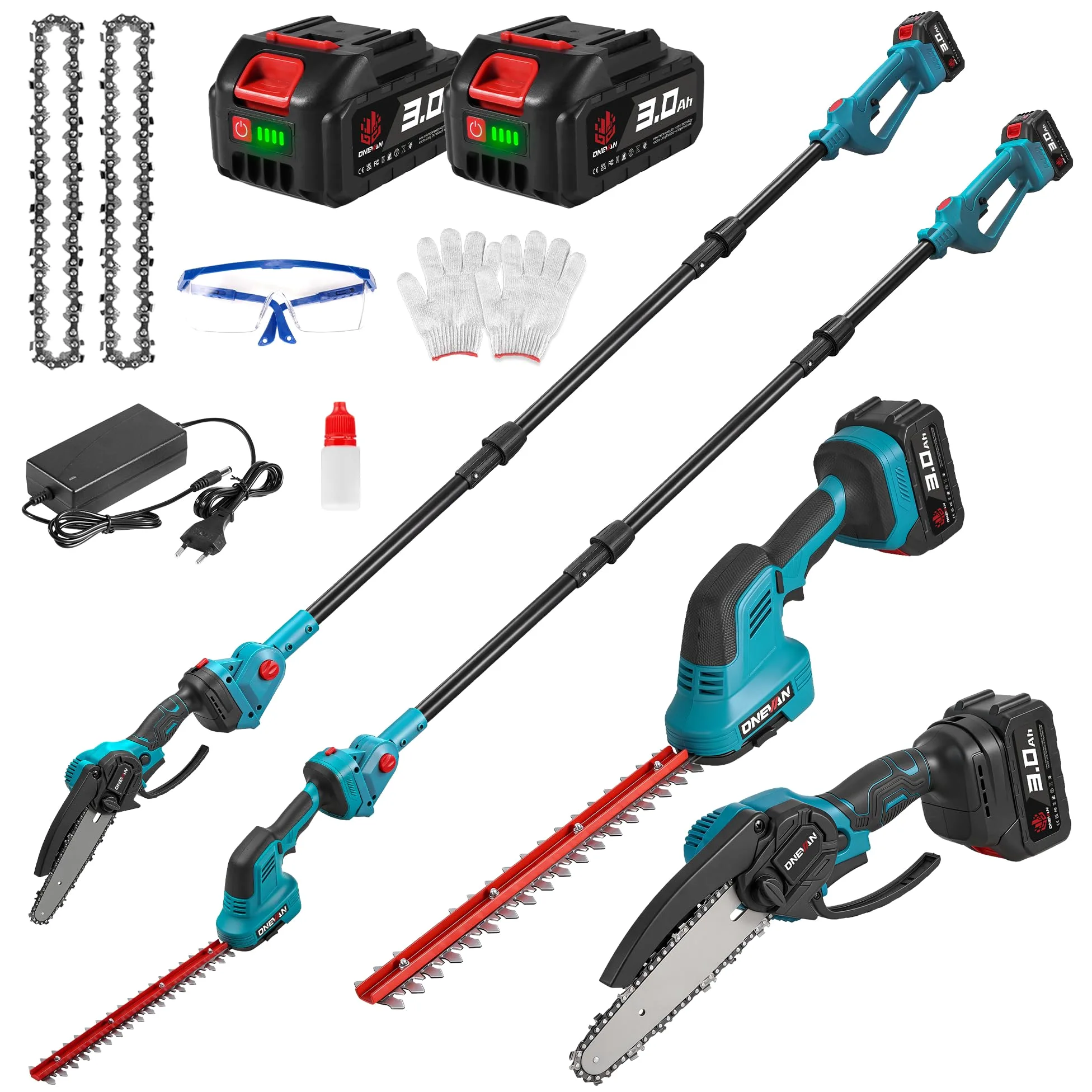 ONEVAN Taille-haie Télescopique & Tronconneuse Sans Fil, Orientable 180° | 2 batteries 3,0Ah, perche télescopique 2,25m, tronçonneuse de 6" et taille-haie 30cm, brushless, pour l'élagage en hauteur