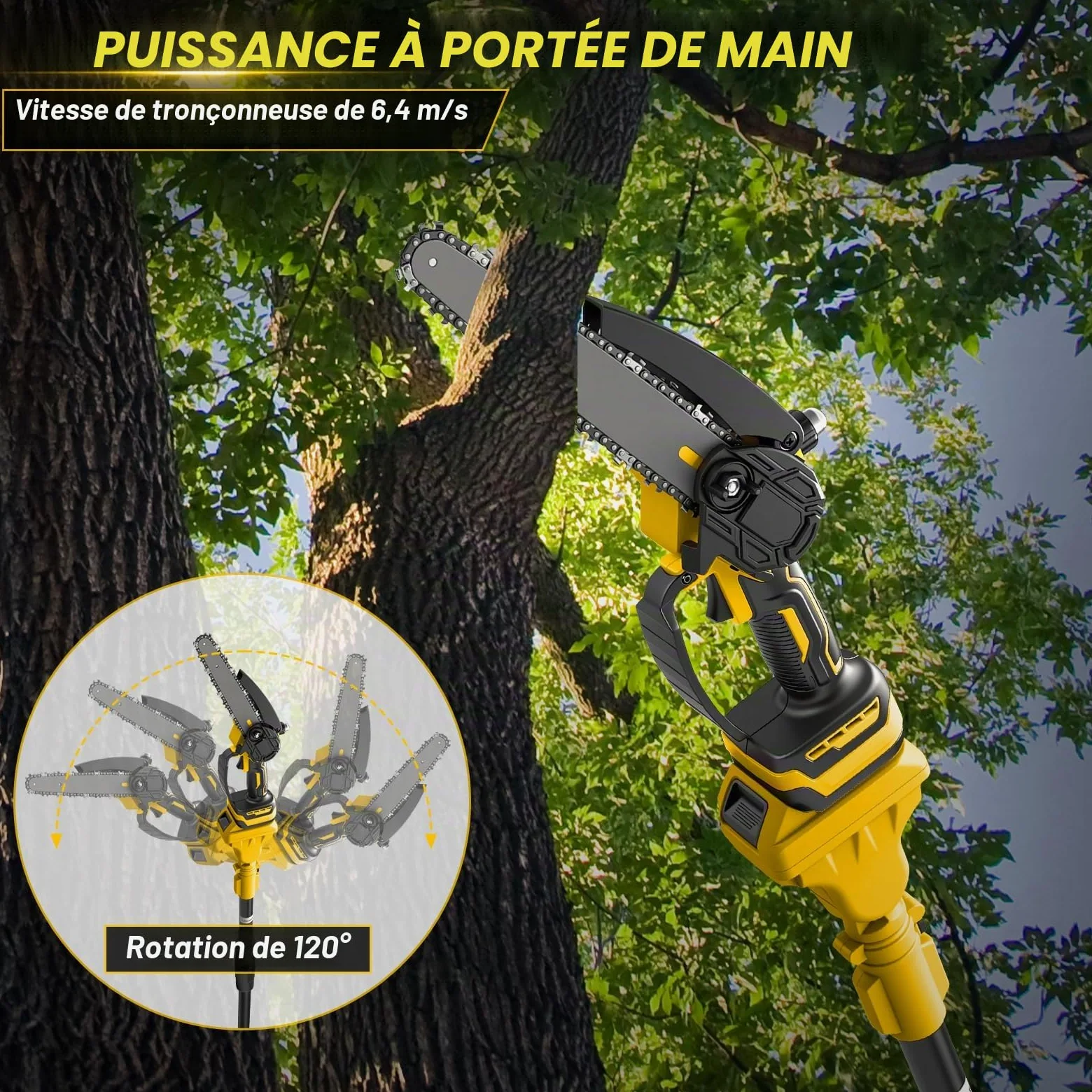 Mini Tronconneuse avec Perche 8 Pouces & Secateur Electrique 28 mm | Telescopique, pour Dewalt 18 V, 20 V batterie, 4 en 1 Élagueuse sur Perche, Portée Maximale 4,5 m