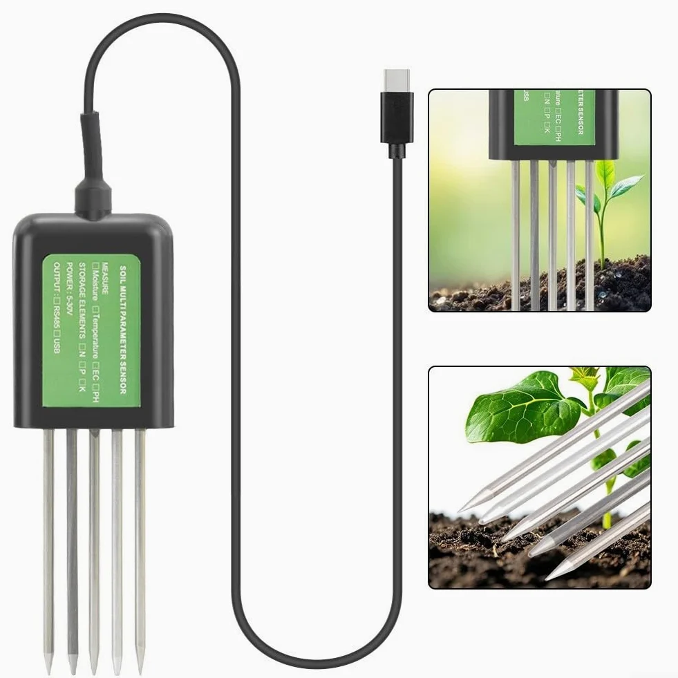 Bodenfeuchtesensor USB 8 en 1 avec PH/EC/Temperatur/Feuchtigkeitsmessung, IP68 wasserdichtes Epoxidharz und Metallsonde, kompatibel mit Android, noir