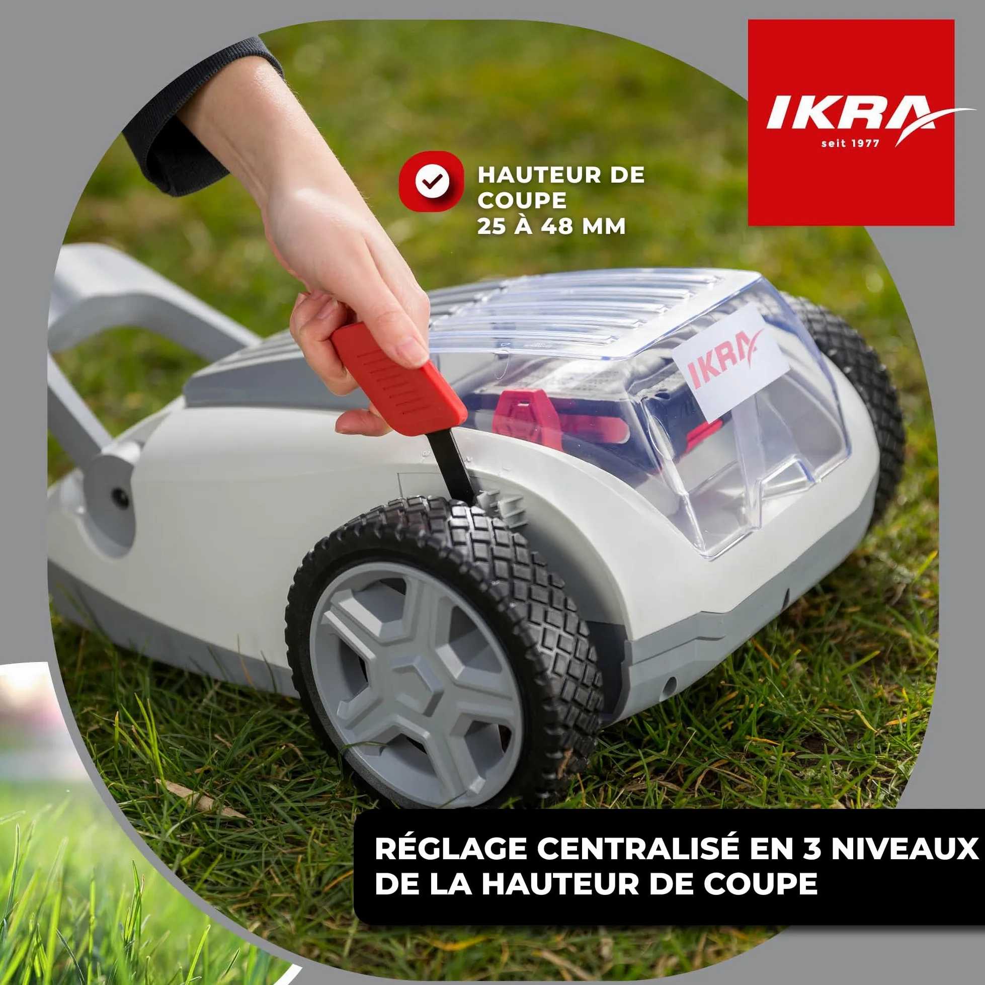 IKRA Tondeuse à Gazon sans Fil ICHM 20, avec Batterie 20 V et Chargeur | Avec fonction mulching, recommandation pour 50 m², largeur 21 cm, hauteur de coupe 25-48 mm, gamme de batteries 20 V d'IKRA