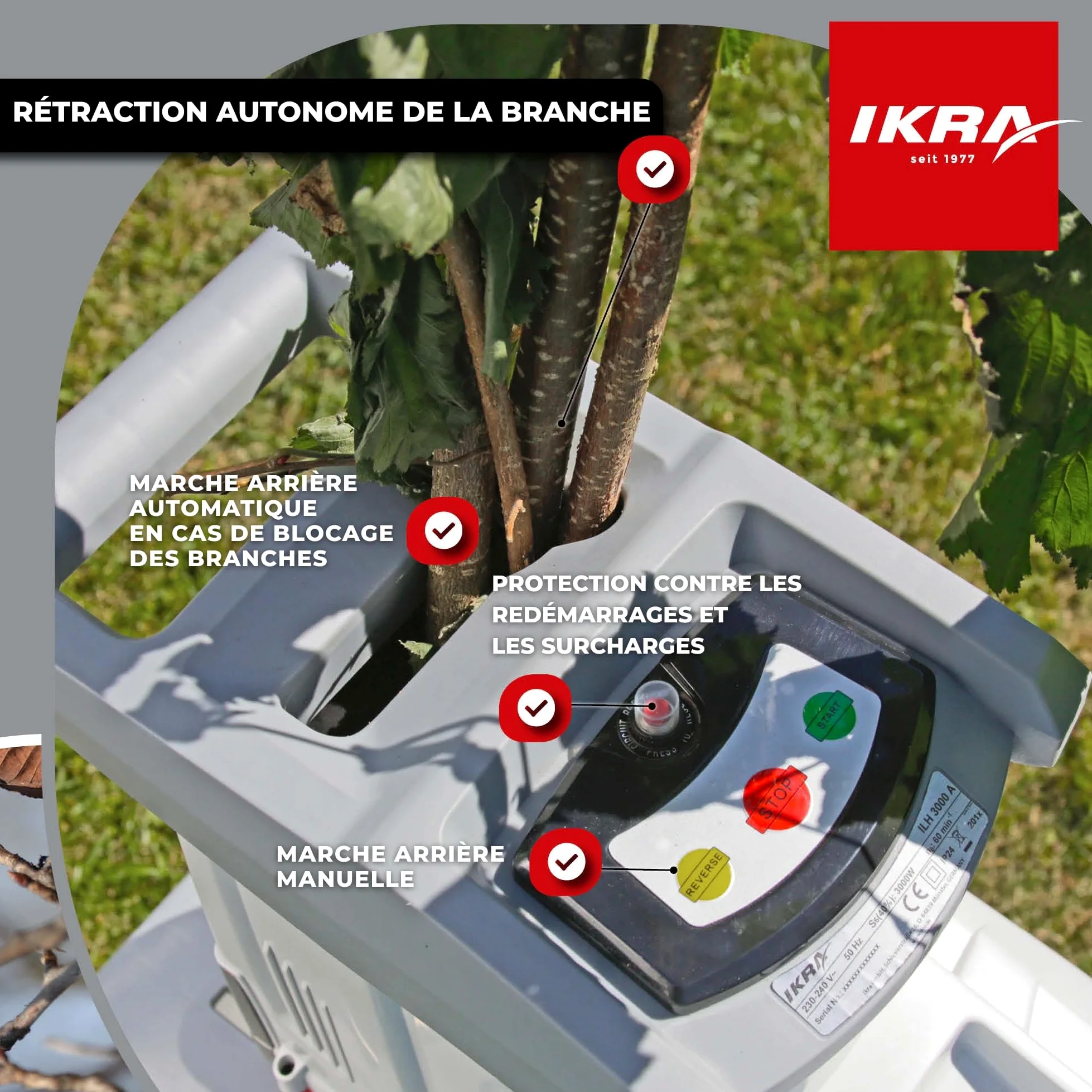 IKRA broyeur électrique à rouleaux ILH 3000A, avec lunettes de protection | Silencieux & robuste, puissance de 3000W, alimentation automatique des branches, marche arrière, pour branches jusqu'à 44 mm