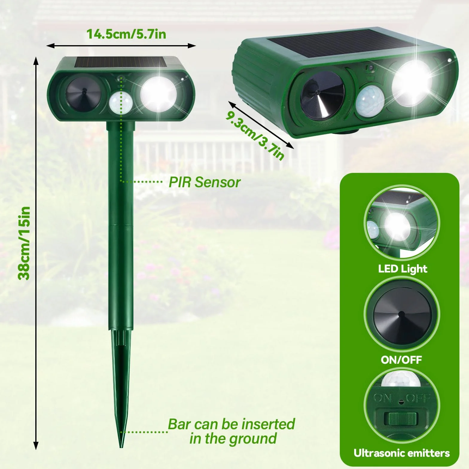 Répulsif Chat Ultrason Extérieur avec Détecteur de Mouvement Lumière LED Étanche pour Jardin Chien Écureuil Renard 510B