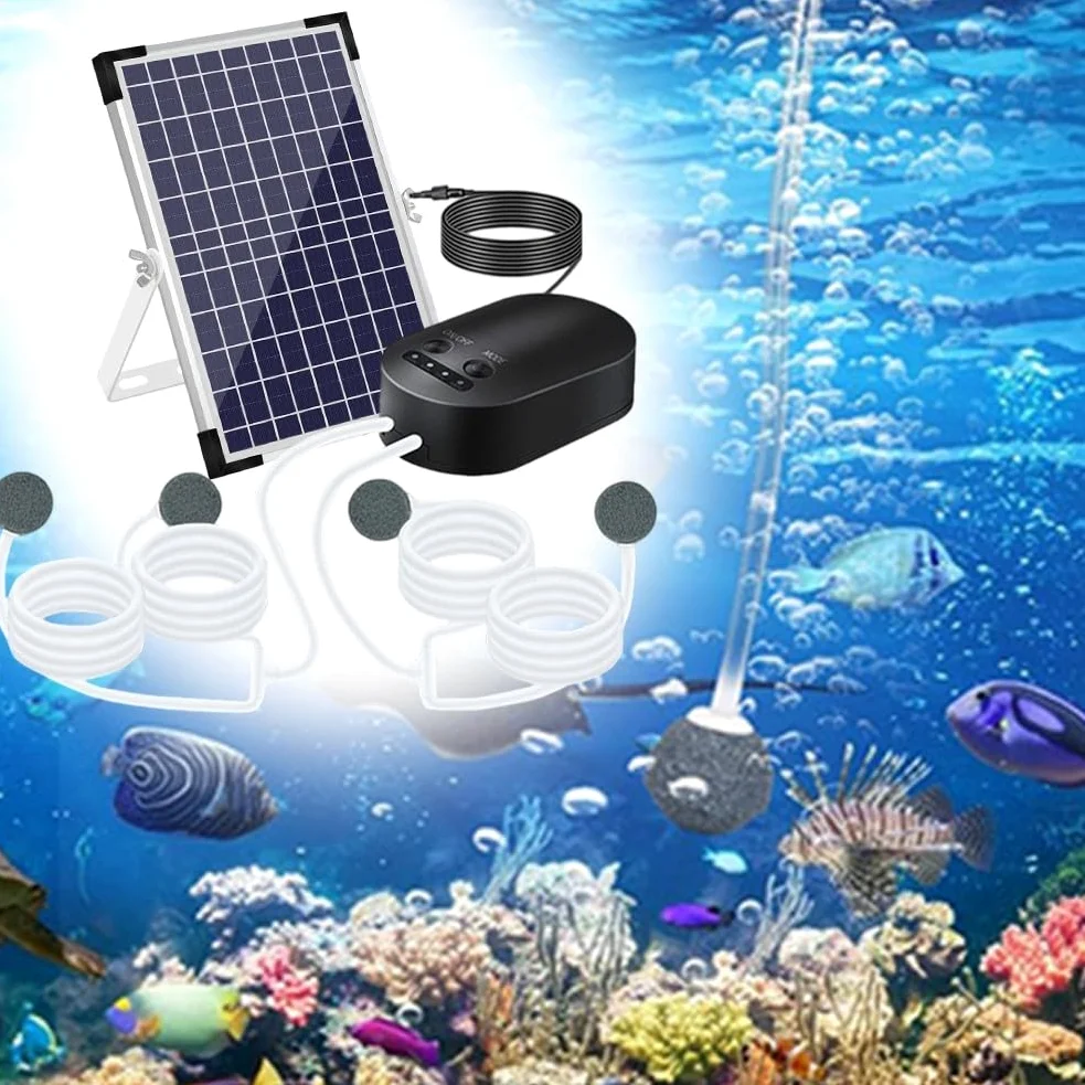 Zoegneer Aérateur de bassin solaire 10 W Pompe oxygénateur avec 3 modes de fonctionnement 4400 mAh 3 modes de fonctionnement Pierres à air Pompe à air solaire pour bassin de jardin aquarium