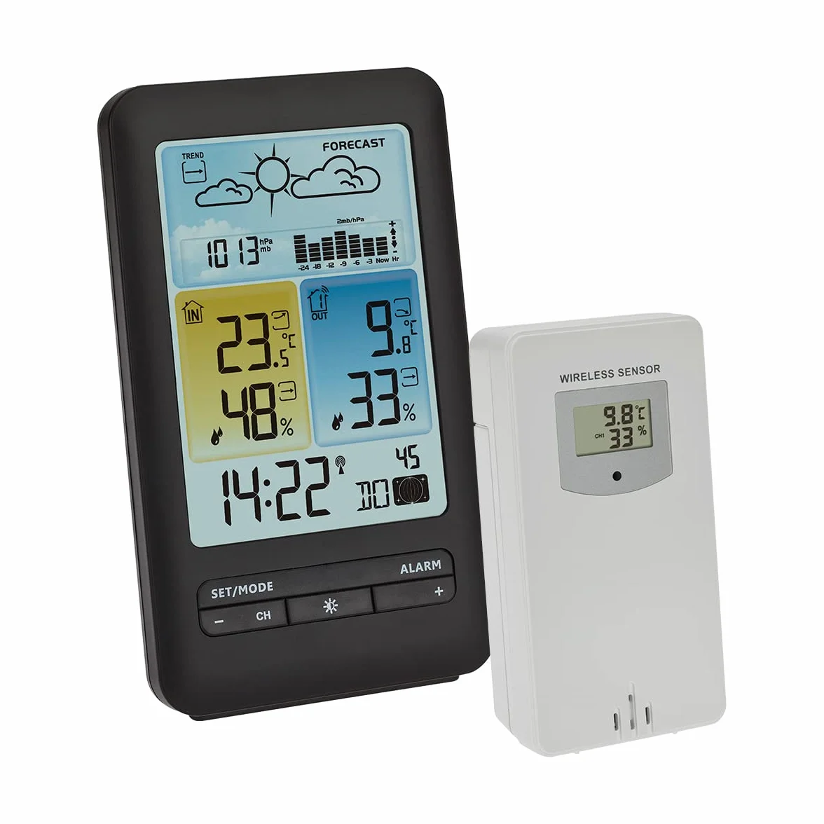 TFA Dostmann Station météo sans fil, 35.1165.01, prévisions météo avec symboles, pression atmosphérique avec graphique, phase de lune, horloge, valeurs max et min, en exclusivité sur Amazon, noir