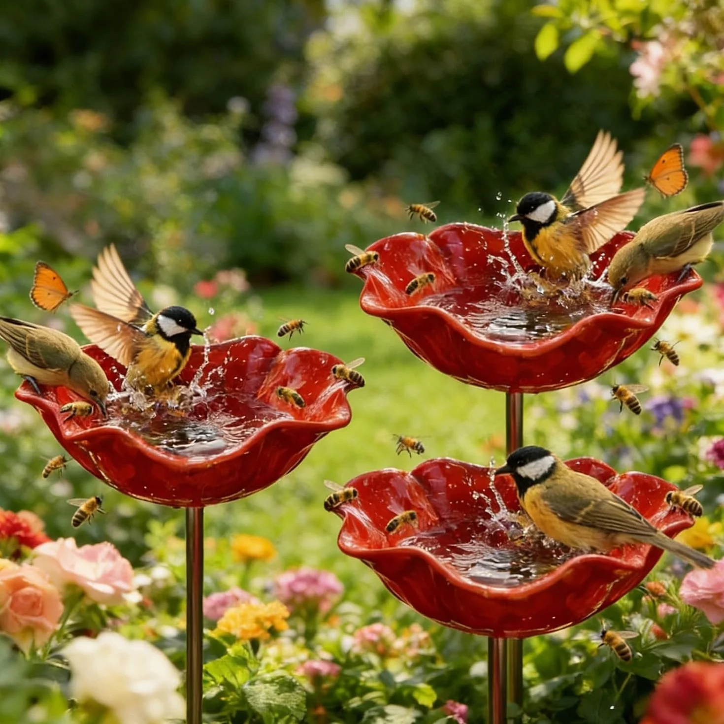 Bain d'abeilles en Métal Fait à la Main Piquet de Jardin Mangeoire à Eau avec Station d'eau pour Décoration Extérieure (Rouge-3PCS)