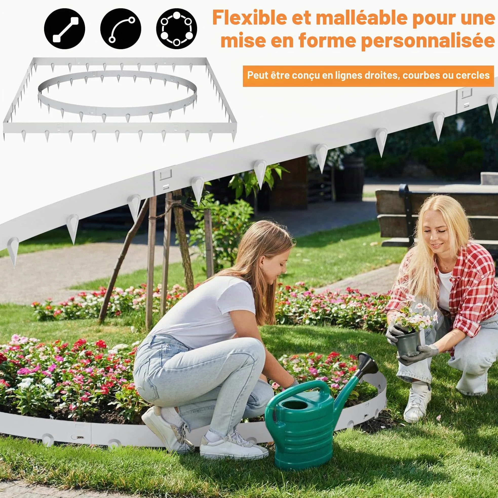 Lot de 10 bordures de pelouse, 16 cm de haut, en acier galvanisé, avec pointes, 106 cm, en métal pour chemins, pelouses, argentées