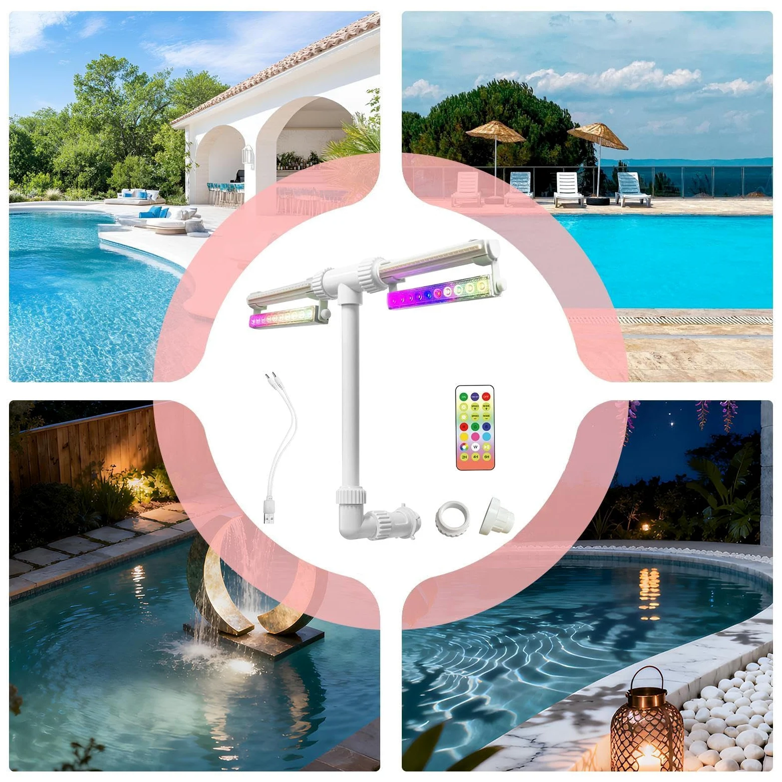 Fontaine Flottante pour Piscine d'eau Réglable avec Lumière | Pompe à pour Piscine pour Rafraîchissement et Détente, Bassin Hors-Sol Enterré, Jardin Extérieur Vacances d'Été