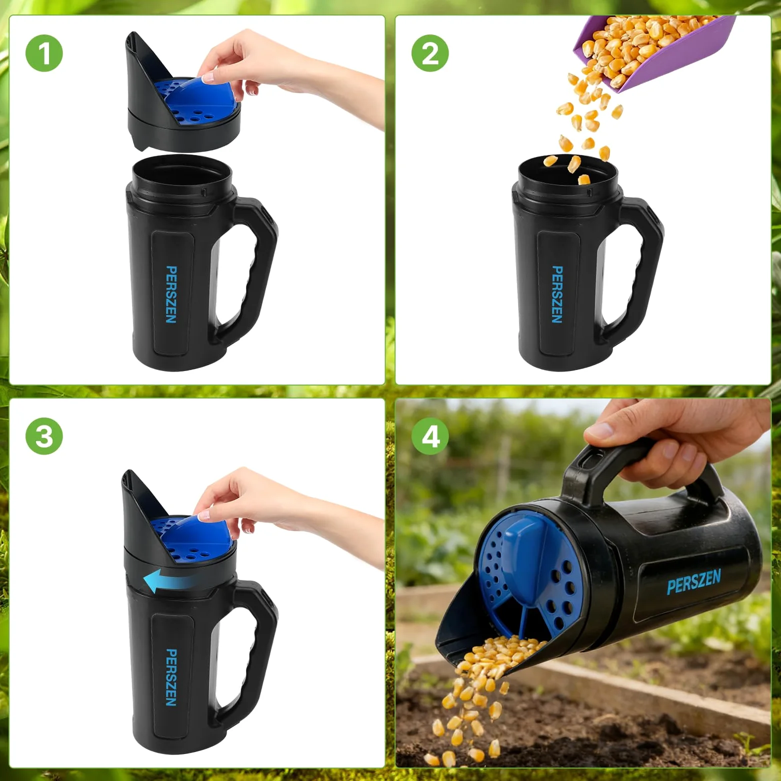 PERSZEN Épandeur portatif pour engrais, graines d'herbe et fonte de glace, épandeur de graines multi-usage pour pelouse avec ouvertures réglables, capacité de 2,4 g pour cour et entretien du jardin