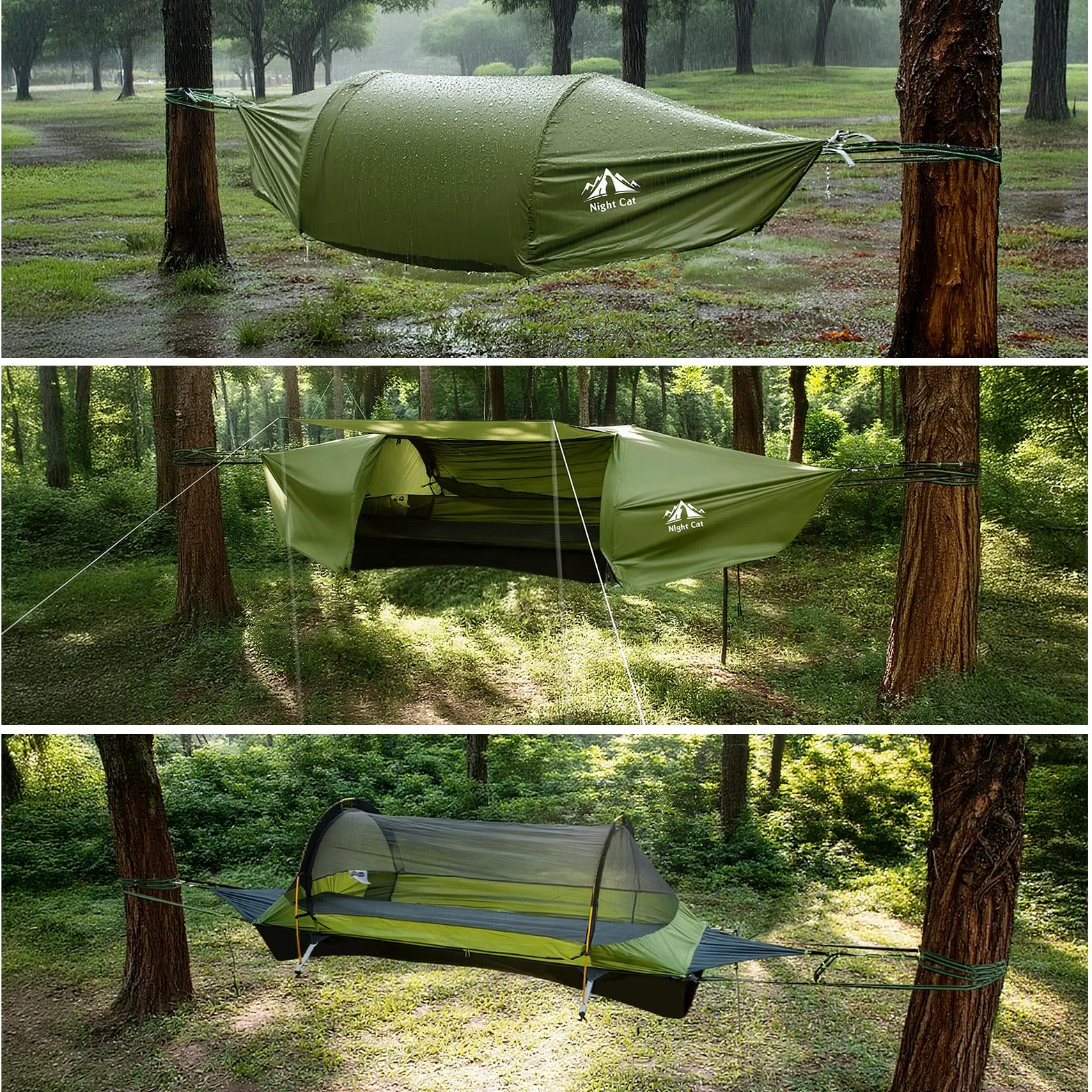 Night Cat Hamac Tente Fond Plat pour 1 Personne avec Moustiquaire Couverture Imperméable et Espace de Rangement Supplémentaire Randonnée Camping dans Jardin Arrière Cour Sauvage Vert Pro