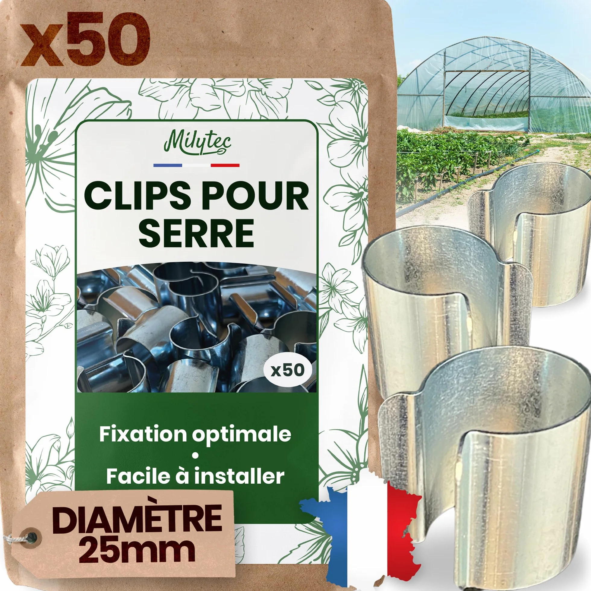 Clips pour Serre 25 mm Acier Galvanisé Lot de 50 Fixation Métal Bâche Tunnel