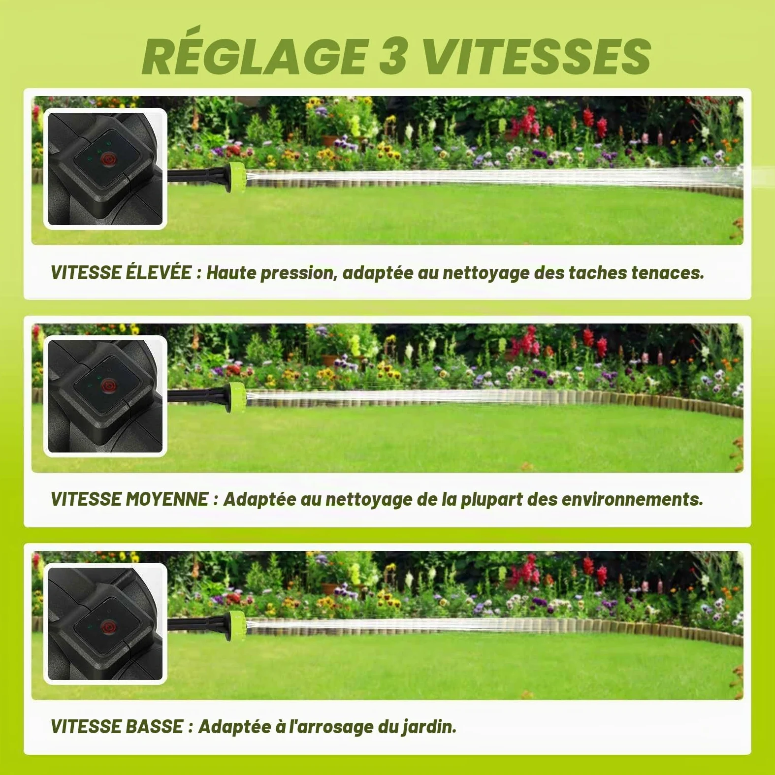 Nettoyeur Haute Pression sans Fil, Pressure Washer 3 Modes Max 120 Bars, Nettoyeur Haute Pression Portable avec 2 Batteries 3,0 Ah, Buse Réglable 6 en 1, Tuyau de 5 M, Nettoyage et Arrosage (Vert)