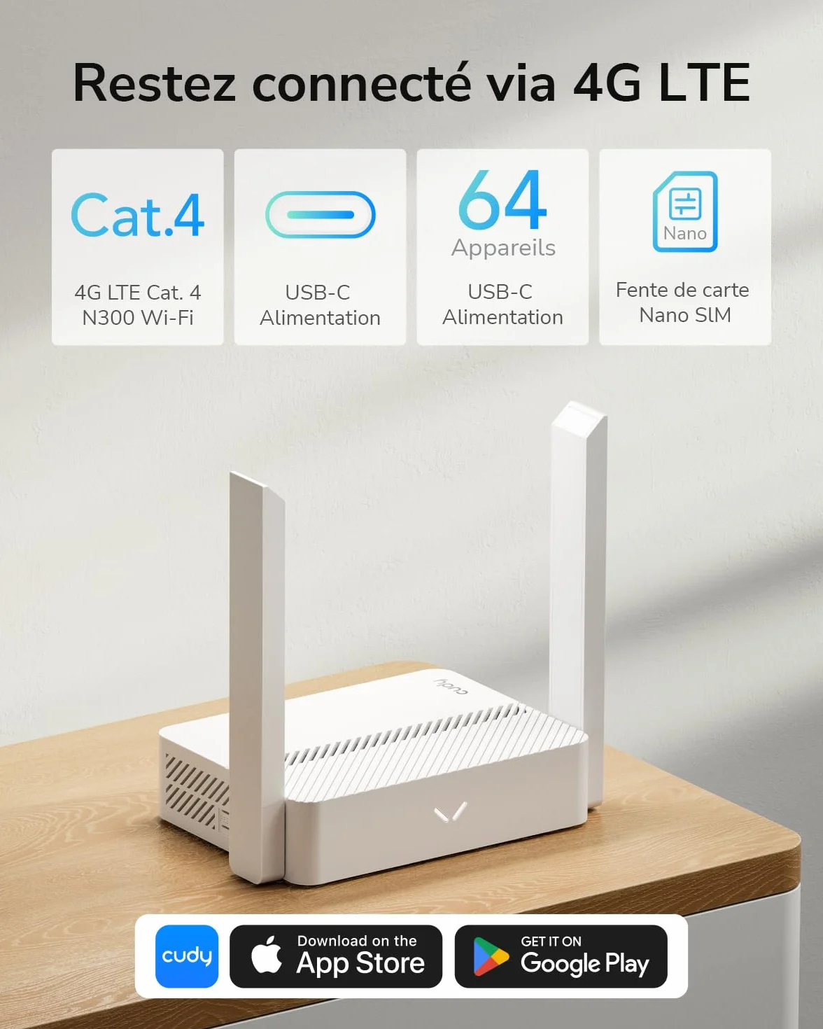 Cudy LT300 Routeur WiFi 4G LTE 300 Mbps USB-C MU-MIMO OpenVPN WireGuard