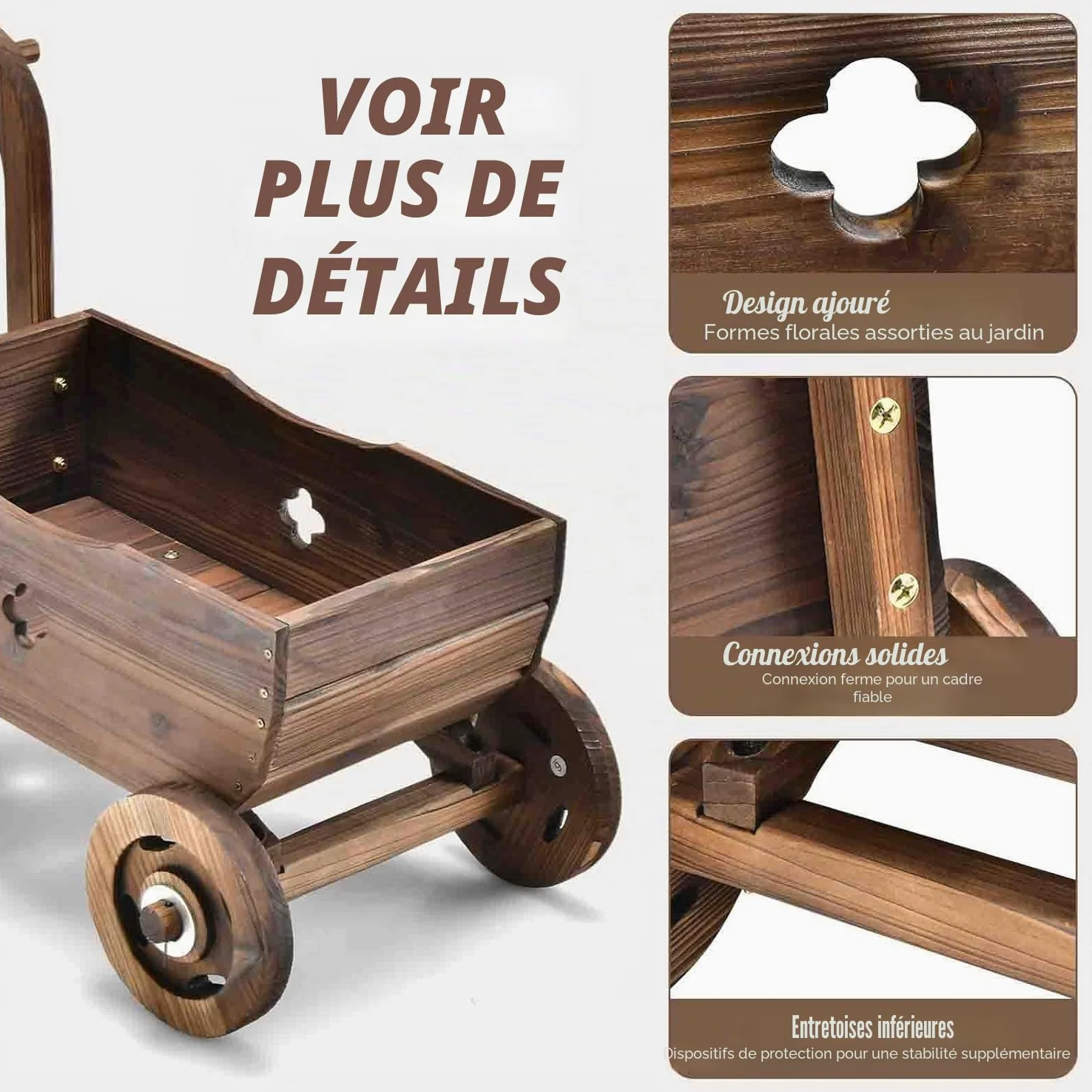 FANTASK Chariot à Fleurs en Bois avec Roues et poignée, Chariot de Plantation avec Trou de Drainage, Diable Rustique, pour Jardin, terrasse, Pot de Fleurs, brouette, décoration de Jardin, jardinière