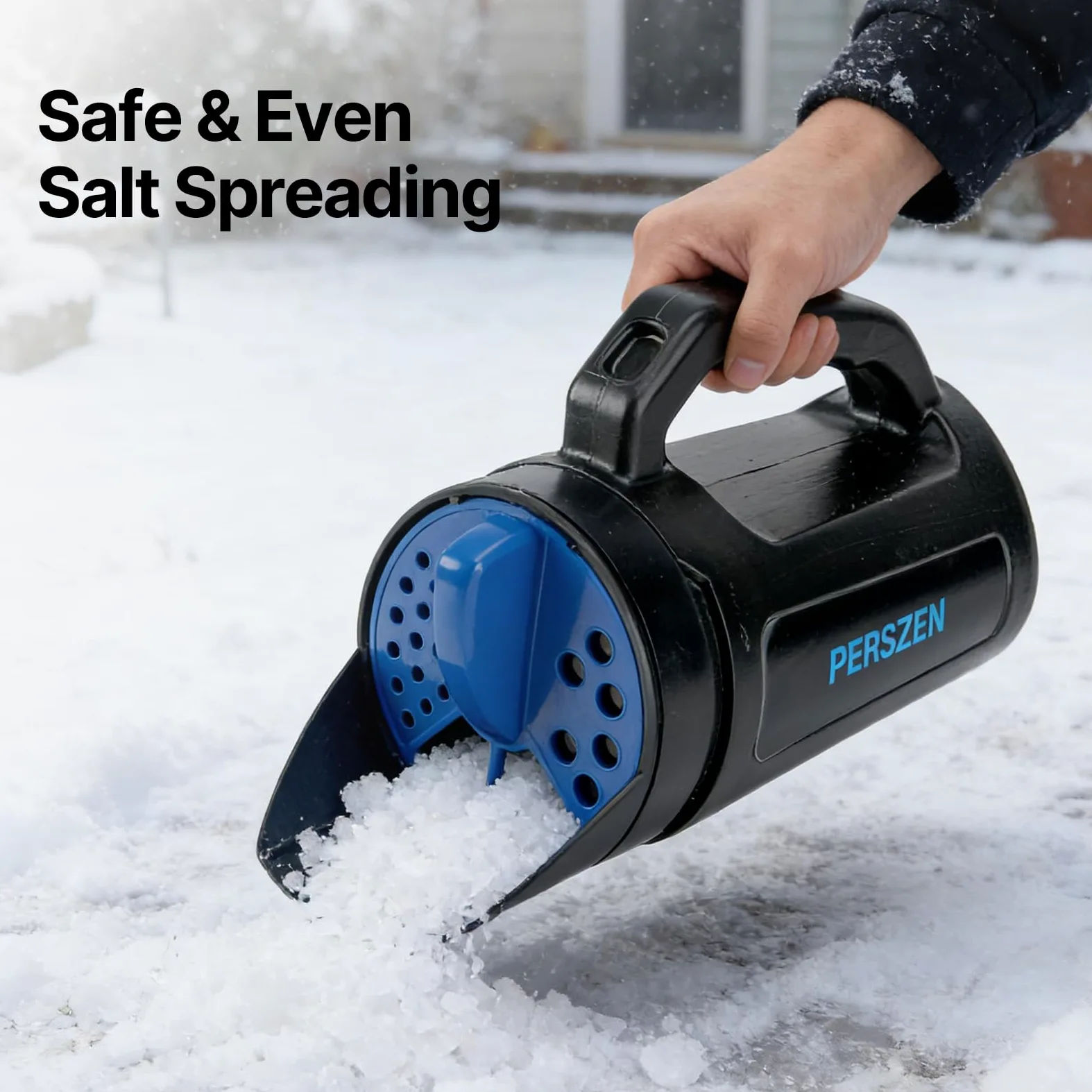 PERSZEN Épandeur portatif pour engrais, graines d'herbe et fonte de glace, épandeur de graines multi-usage pour pelouse avec ouvertures réglables, capacité de 2,4 g pour cour et entretien du jardin