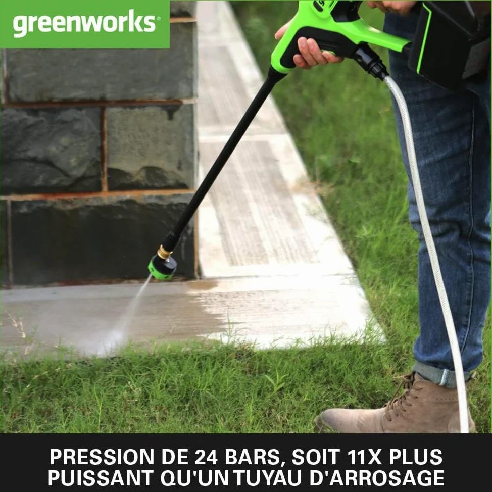 Greenworks Pistolet nettoyeur à pression sur batterie G24PWK4 (Li-Ion 24V, puissance moteur 300 Watt, pression 24 bar, débit 180 l/h, buse à 5 positions, tuyau de 6m,avec 4Ah batterie et chargeur)