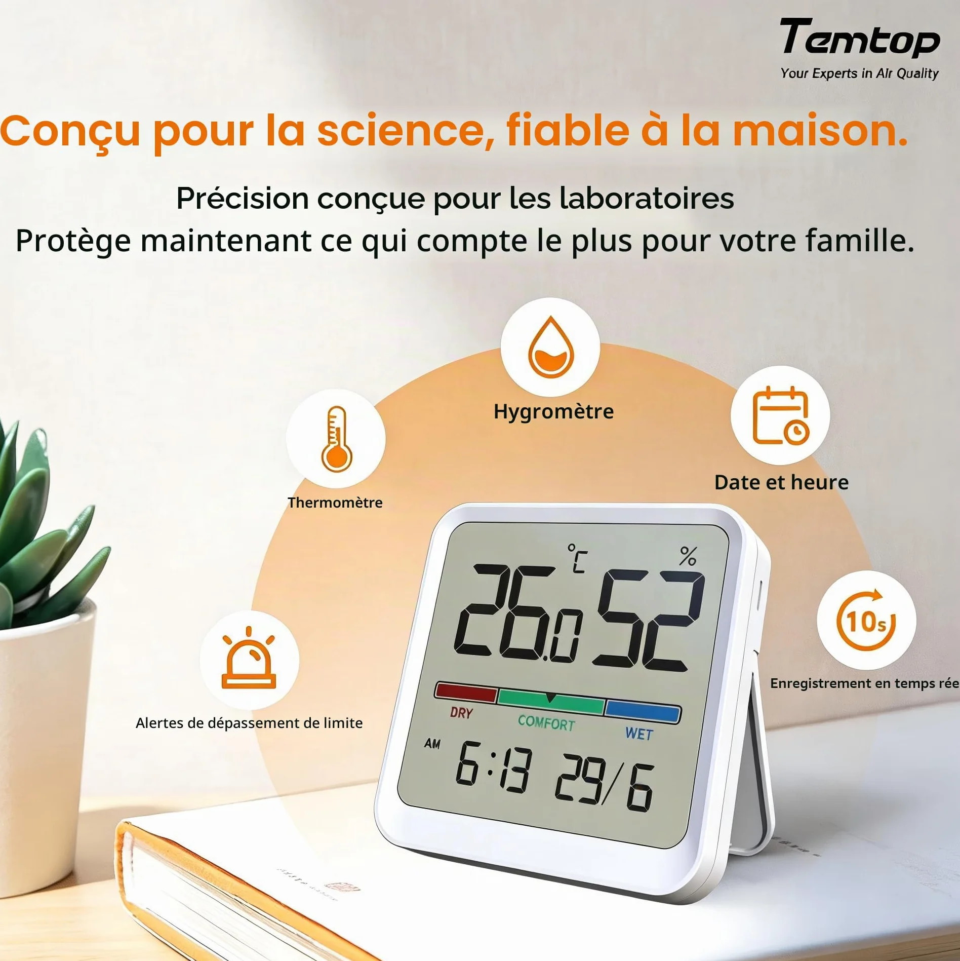 Temtop Thermomètre Hygromètre d'Intérieur Numérique T1-SE - Moniteur Température Humidité avec Affichage Heure Date Haute Précision