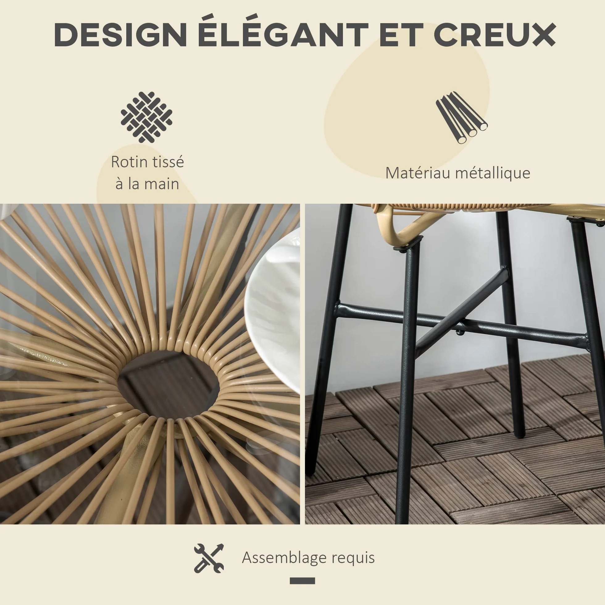 Outsunny Table Basse Ronde Jardin Résine Rotin Métal Plateau Verre Trempé Ø 50 x 50 cm Beige