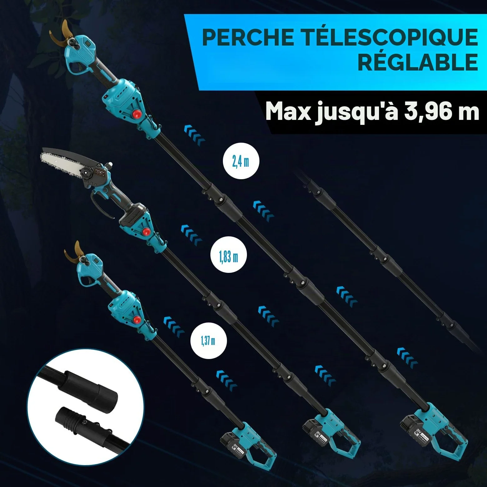 Tronçonneuse et Sécateur Perche Élagueuse Télescopique Électrique 4000 mAh | 21v 6 Pouces 4 en 1 Tronçonneuse Électrique sans Fil sur Perche Secateur à Batterie Professionnel coupe branche electrique