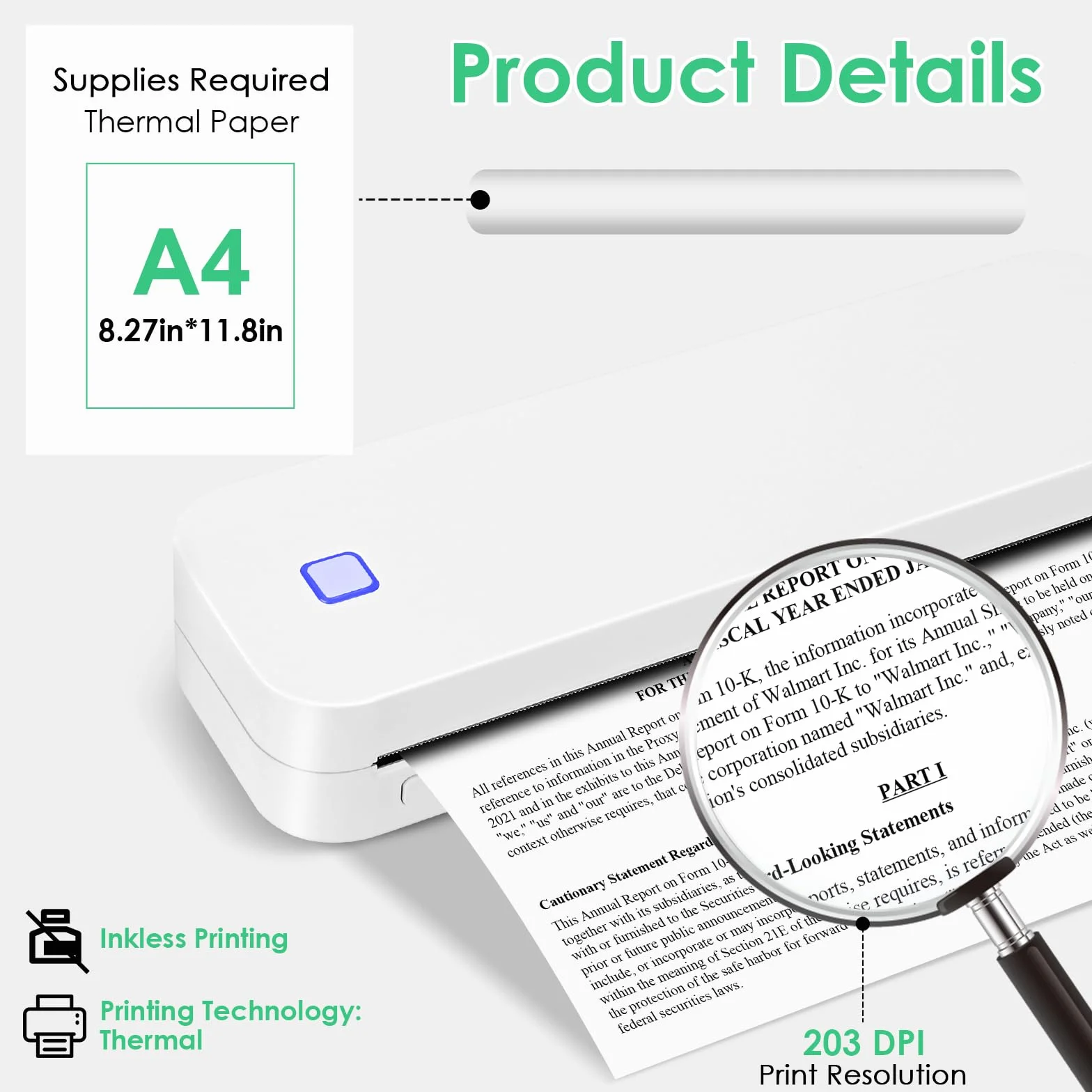 Imprimante Portable Bluetooth Thermique A4 210x297mm Compatible Android iOS Blanc