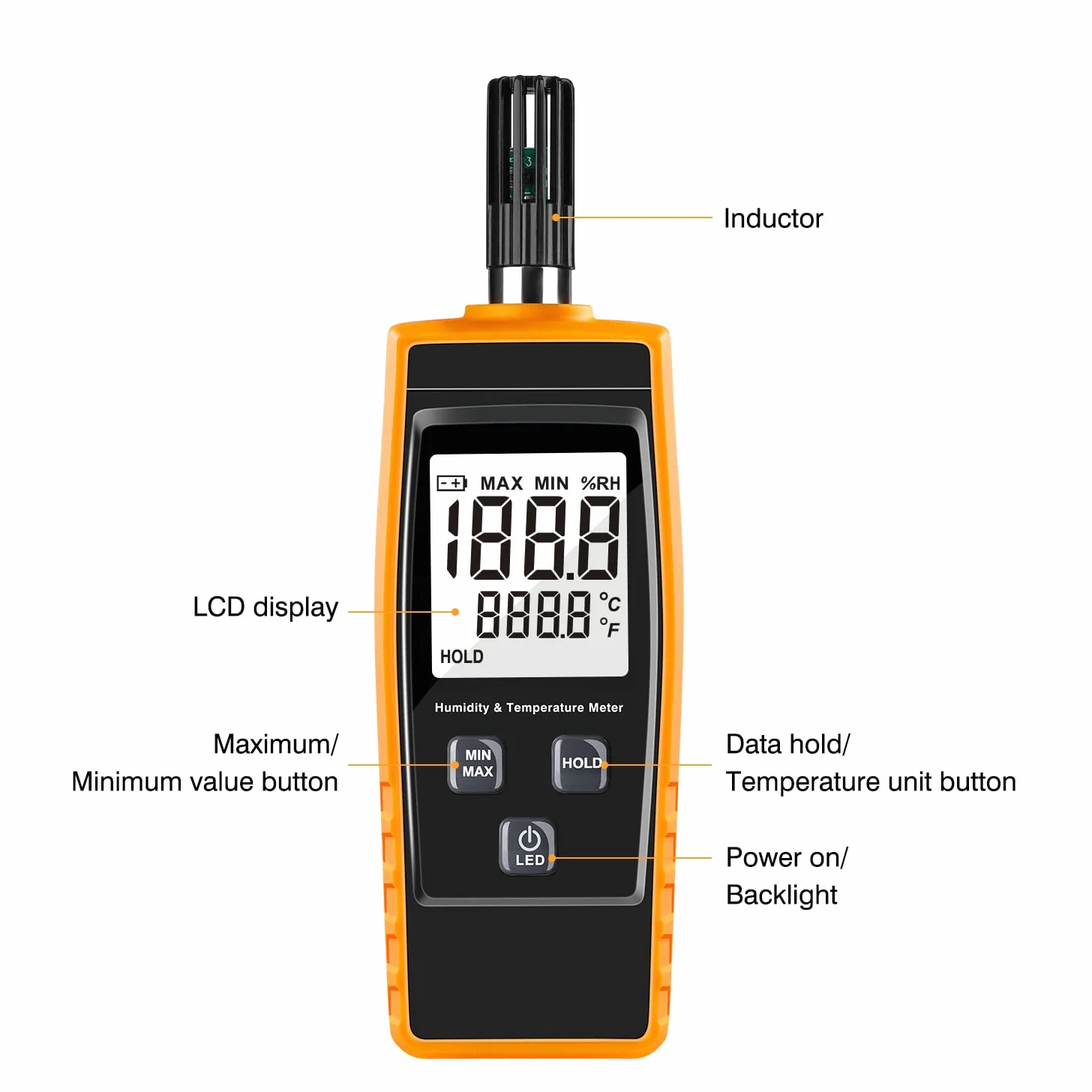 Hygromètre numérique portable - Thermomètre hygromètre 0 ~ 100 % RH/-30 ~ 60 °C - Écran LCD rétroéclairé - Jauge d'humidité pour l'extérieur, la maison, l'industrie, l'agriculture - Batterie incluse
