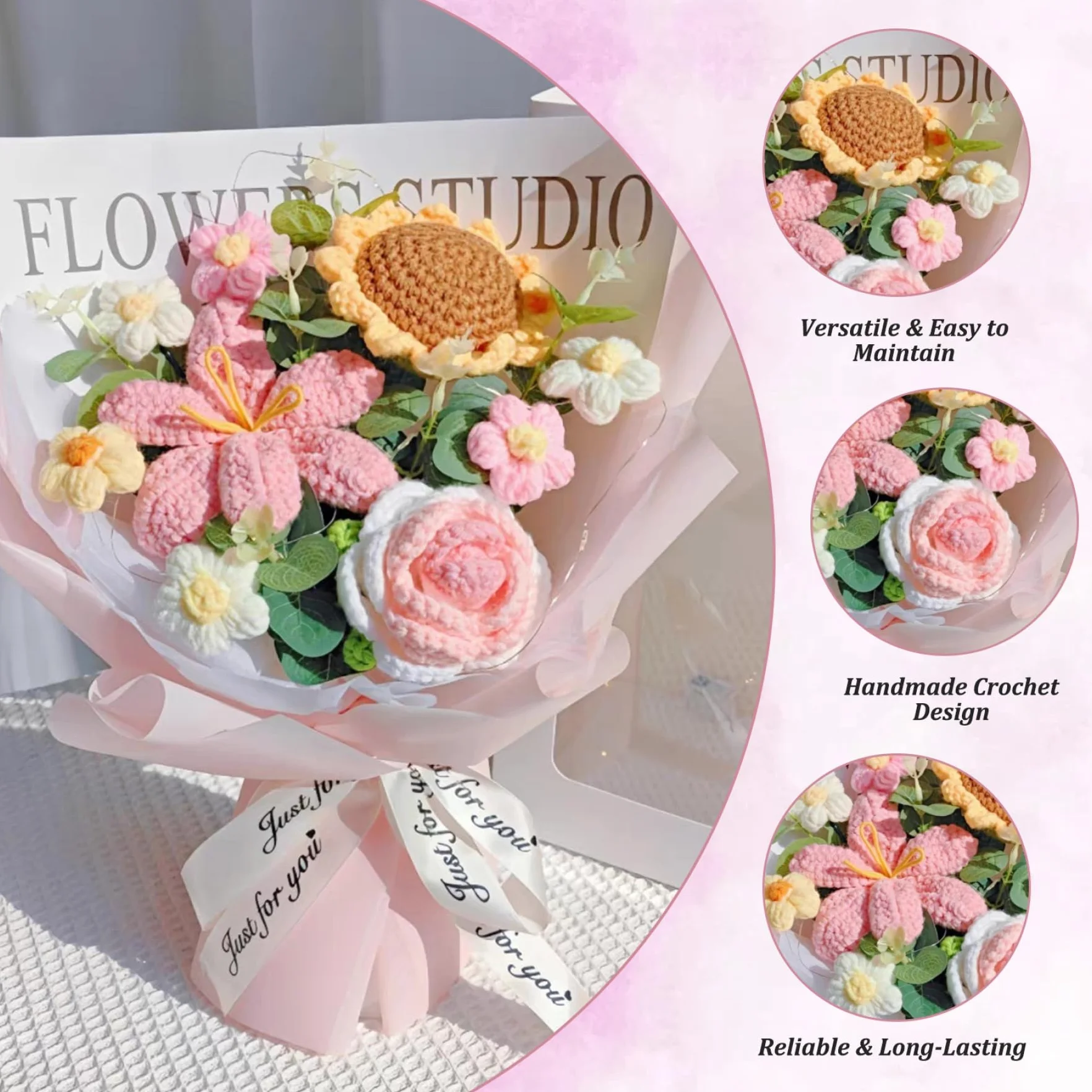 Bouquet de Fleurs de Crochet, Rose réaliste, Tournesol en Tricot Doux pour Cadeaux décoration intérieure