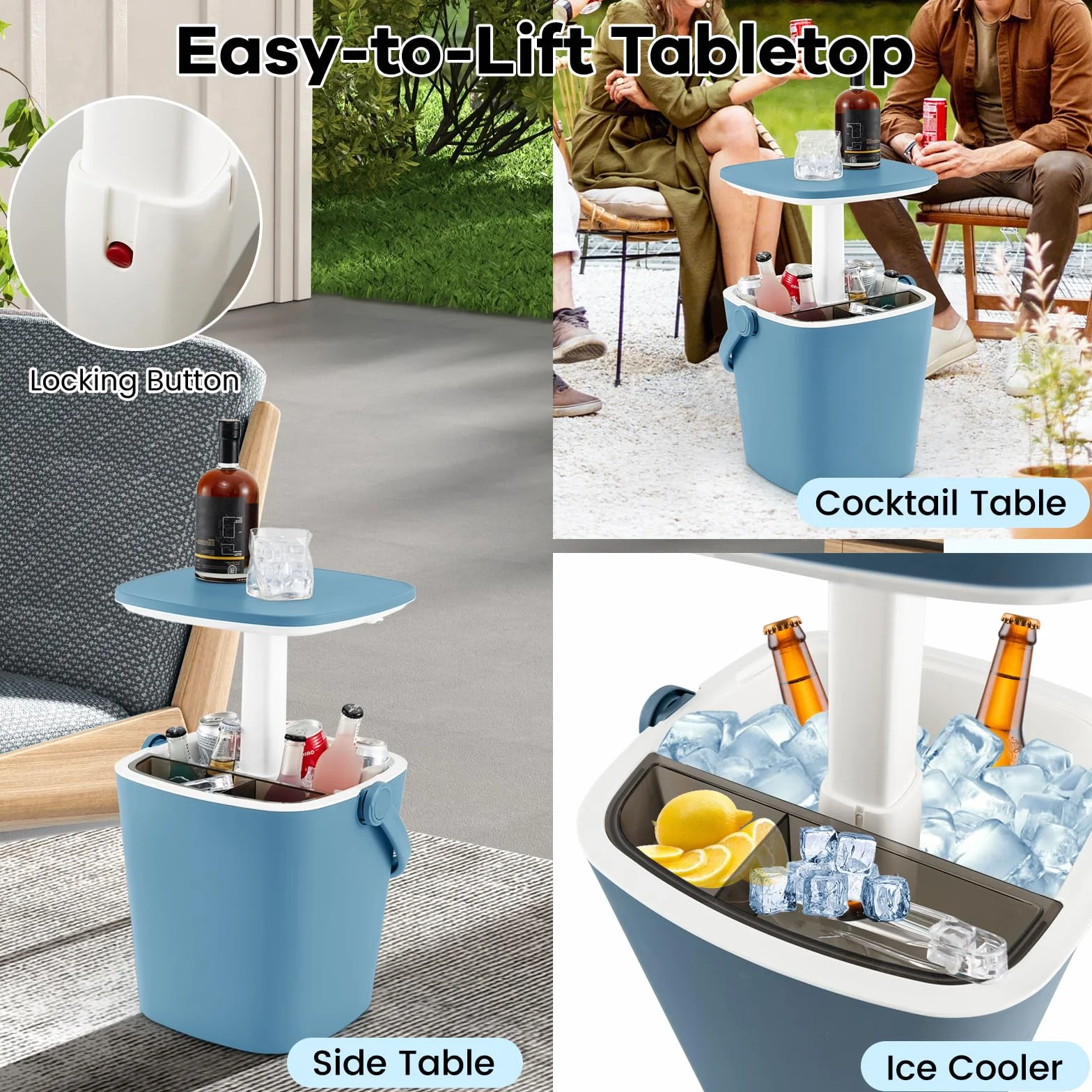 SOARS Bar Exterieur 3 en 1 15L Table d'Appoint Réglable en Hauteur 35 x 34 x 37-58 cm avec Boîte à Glace, Pince, Refroidissiment Jusqu'à 6H, Table pour Jardin Piscine Salon Chambre Bleu