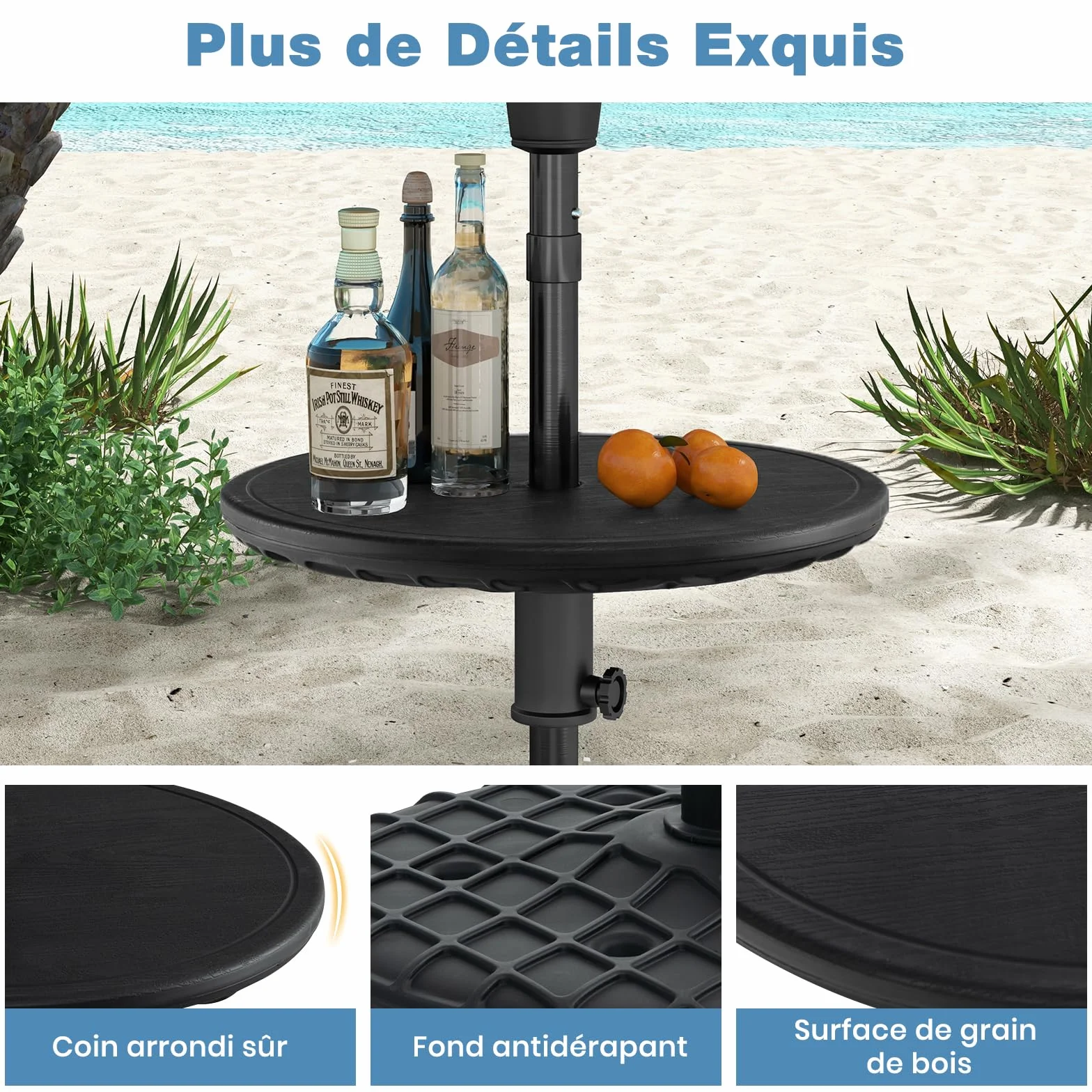 RELAX4LIFE Table de Parasol de Jardin Ronde Φ 50CM Hauteur Réglable Trou de Parasol 38 mm Plateau PE Imitation Grain de Bois Noir