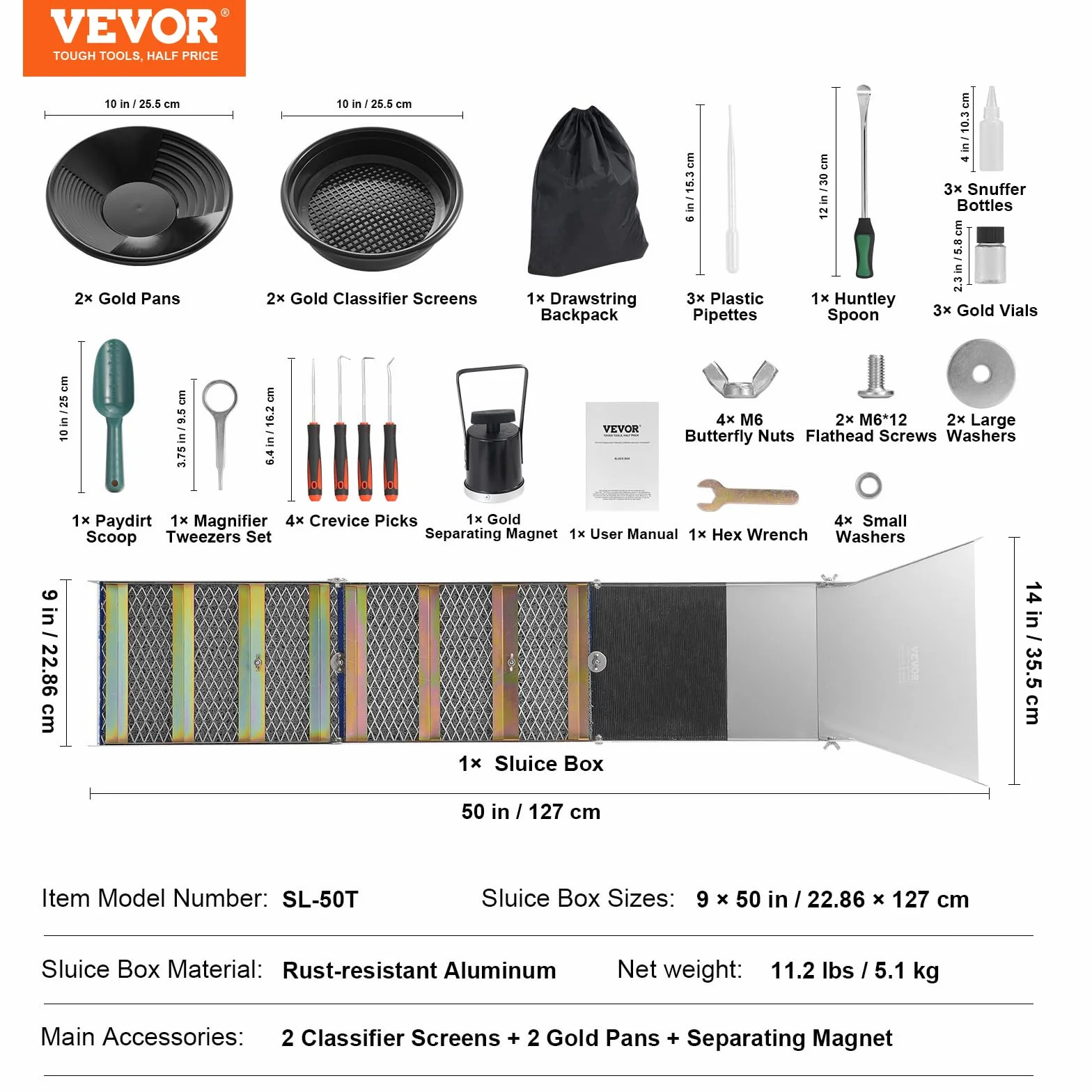 VEVOR Kit d'Orpaillage Portable 23 Pièces 127 cm Rampe d'Orpaillage en Aluminium avec Bâtée Tamis Pipettes Pelle