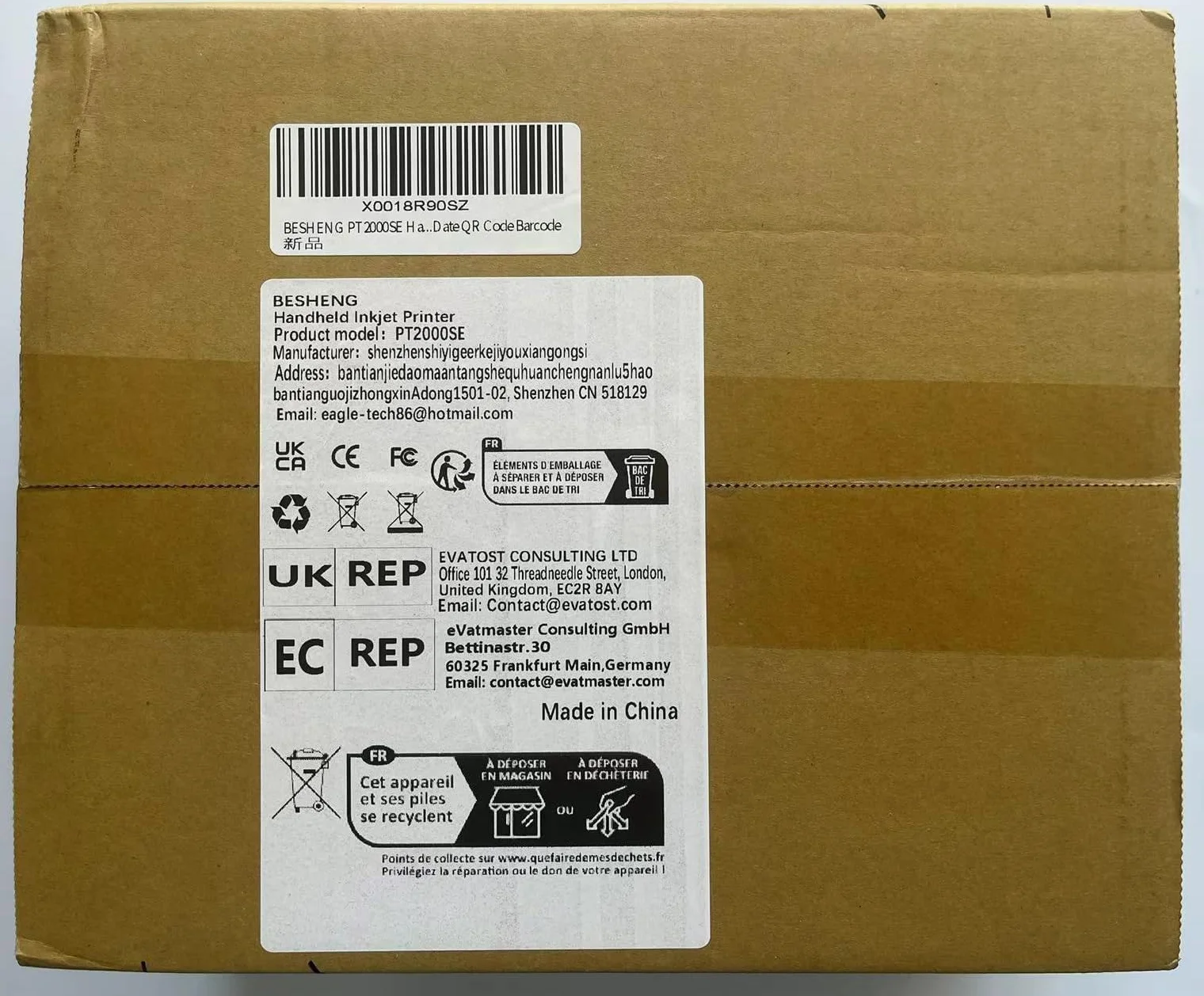 PT2000SE Imprimante à Jet d'Encre Portable avec Cartouche à Séchage Rapide pour QR Code, Logo, Date, Code-Barres