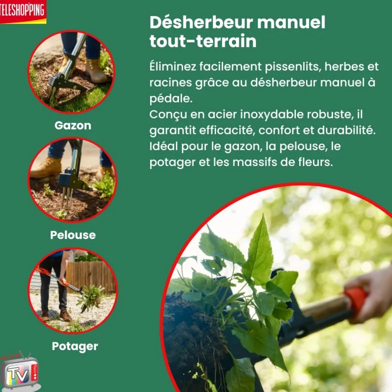 Venteo Desherbeur Manuel à Pédale en Kit | Outillage Jardin Professionnel | Outil Multifonction pour Extraction Racines Pissenlit | Entretien Gazon Sols Extérieurs Alternative aux Outils de Coupe
