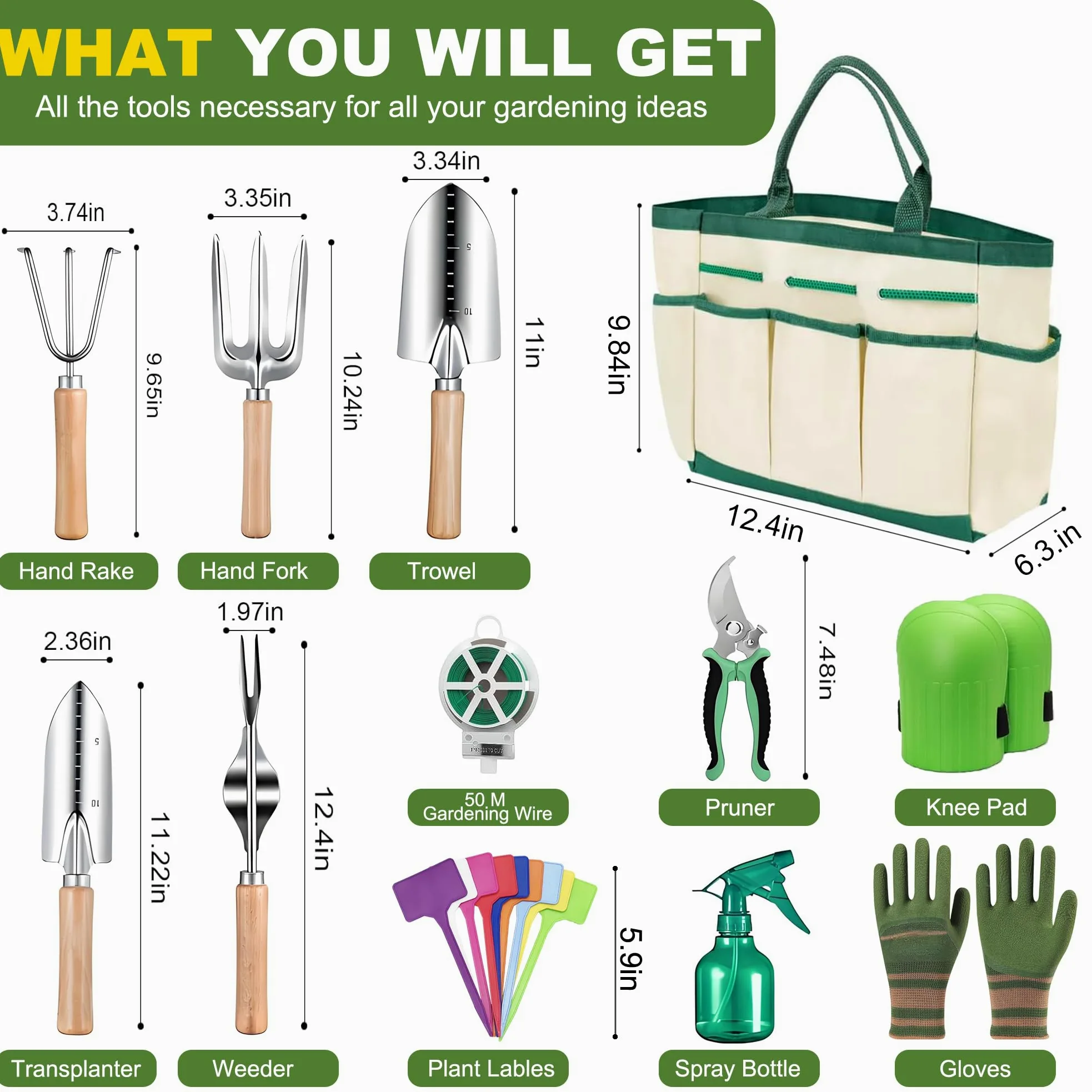 Ensemble d'outils de jardin, 12 pièces, kit cadeau d'outils de jardinage en acier inoxydable robuste avec sac de rangement pour homme et femme pour Noël, anniversaires, vacances
