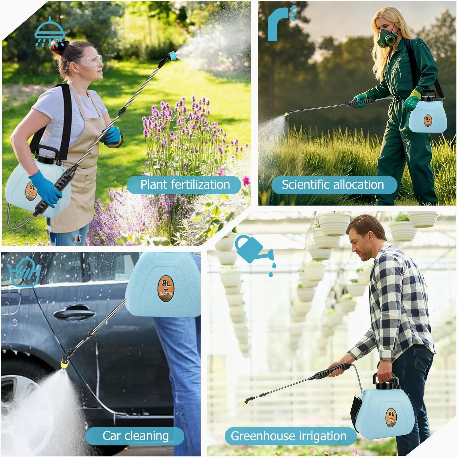 Pulvérisateur de Jardin Électrique de 8 litres, Pulvérisateur à Pression sans Fil, Capacité de Désinfection et d'arrosage pour Désherbage, Jardin et Lavage de Voiture(1500 mAh)