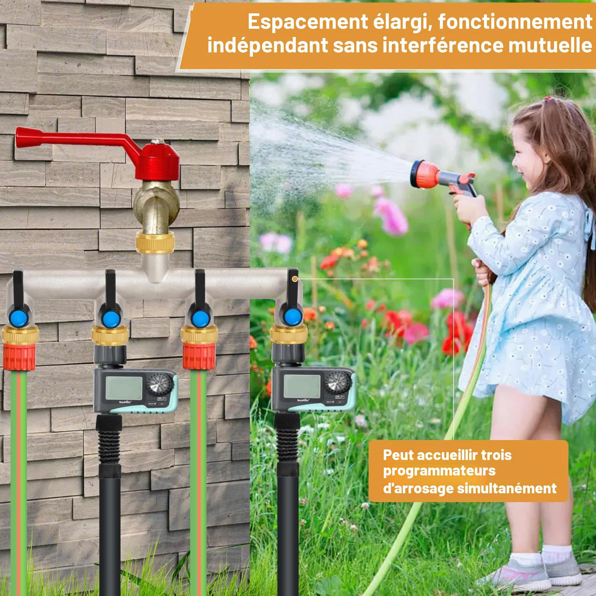 Distributeur d'eau à 4 voies, poignée allongée, distributeur d'eau en laiton de 3/4" avec robinets d'arrêt individuels, 4 distributeurs adaptateur 3/4" 1/2" pour