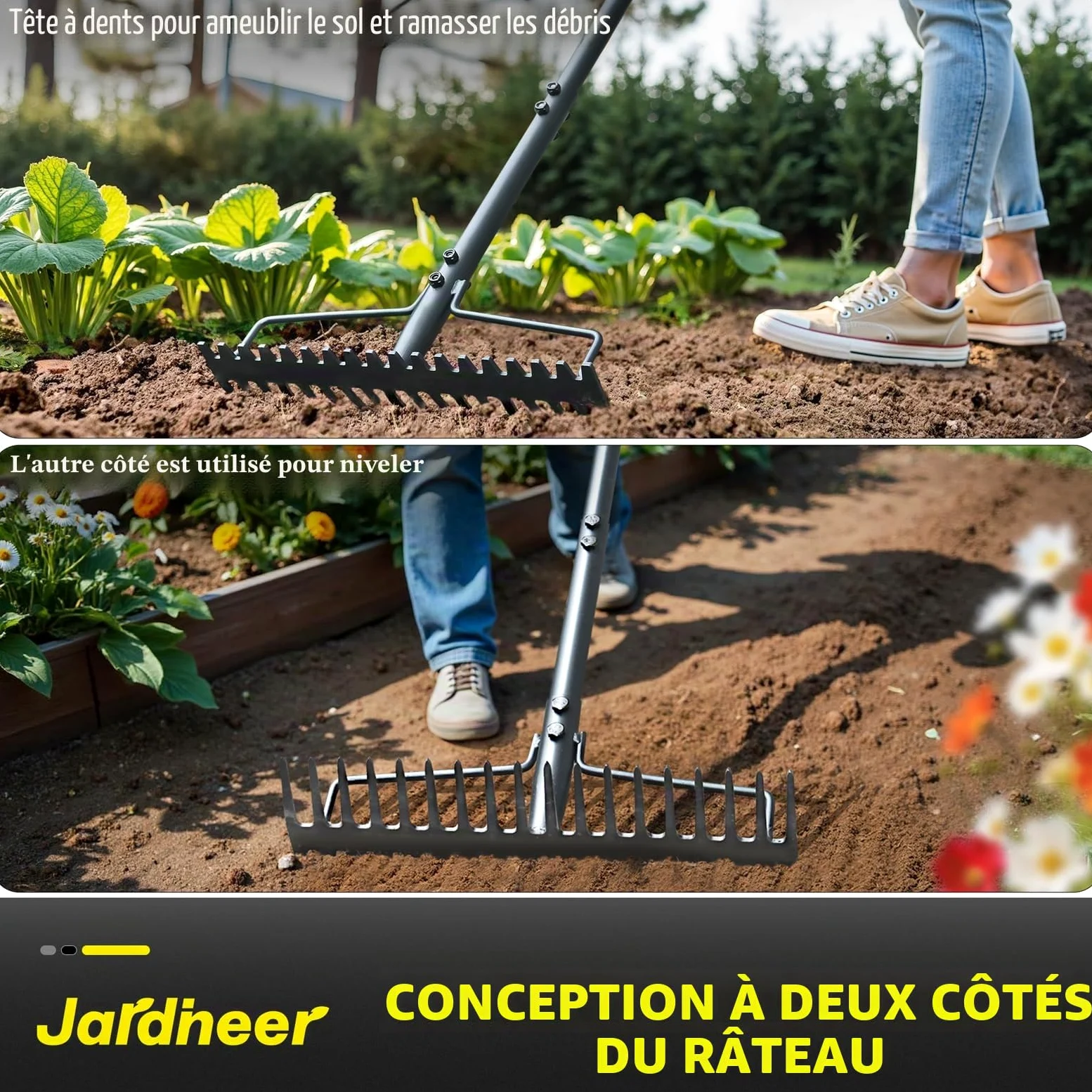 Jardineer Râteau d'arc robuste à long manche en métal pour gravier, roches, pelouses, feuilles, nivellement du sol, aménagement paysager, râteau de jardin avec 18 dents en acier (150 cm)
