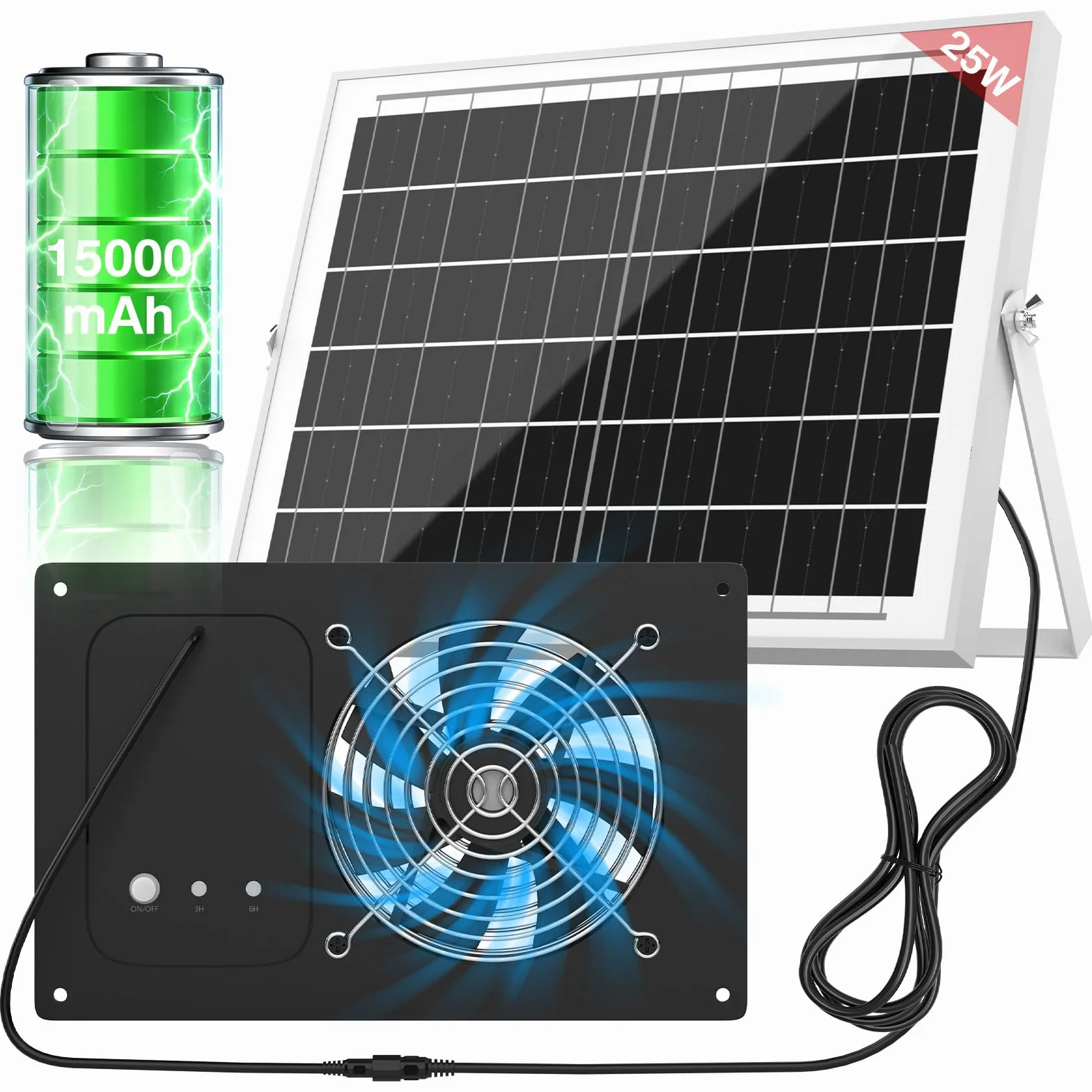 Ventilateur solaire 15000mAh 25W 3500RPM étanche silencieux pour poulailler serre