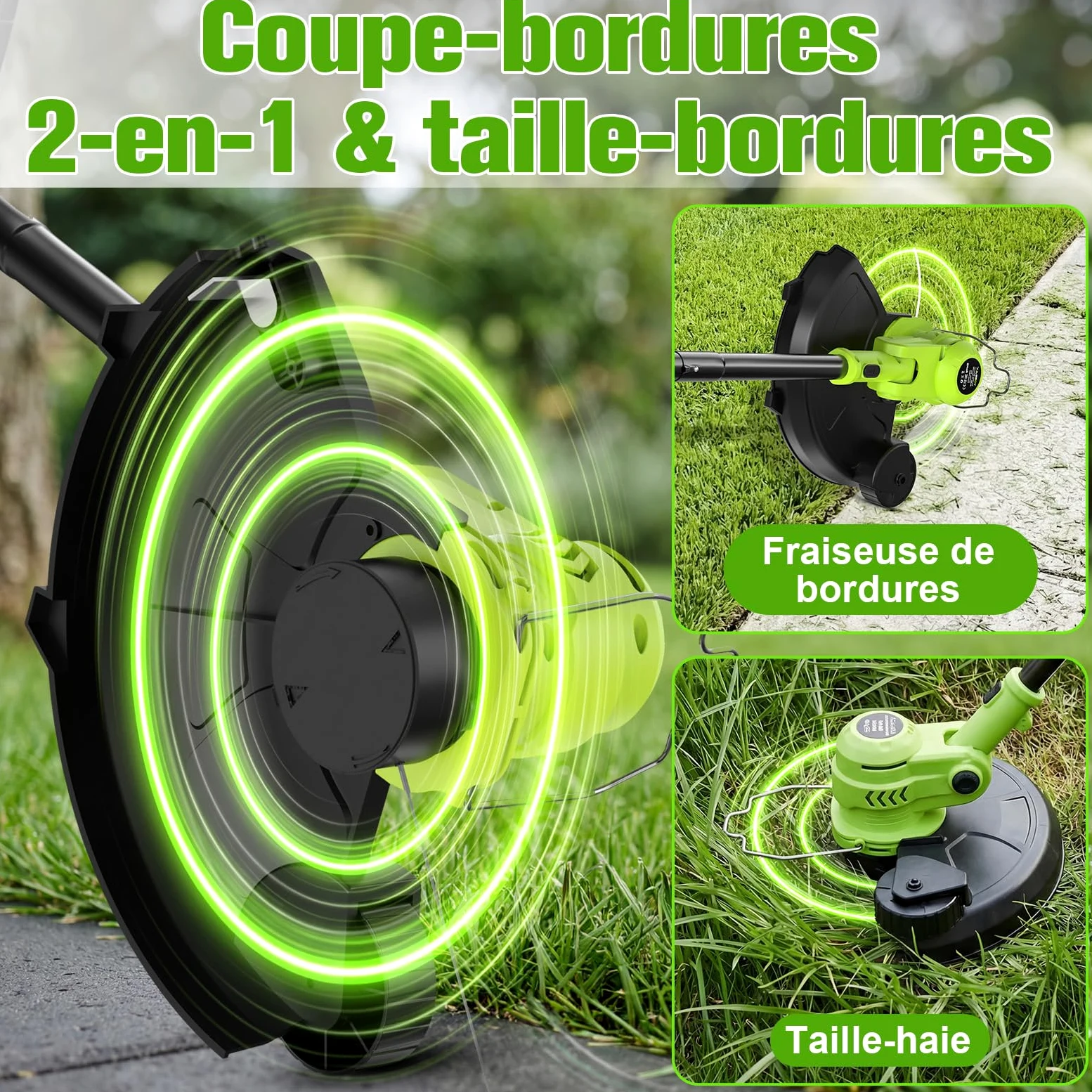 VOERJIA Débroussailleuse Électrique sans Fil 21V avec Écran LCD, Coupe-Bordure à Roues (30cm), Avancement Automatique du Fil, 8 Bobines Incluses, Tête Réglable et Multifonction. (Set Jardin Pro)