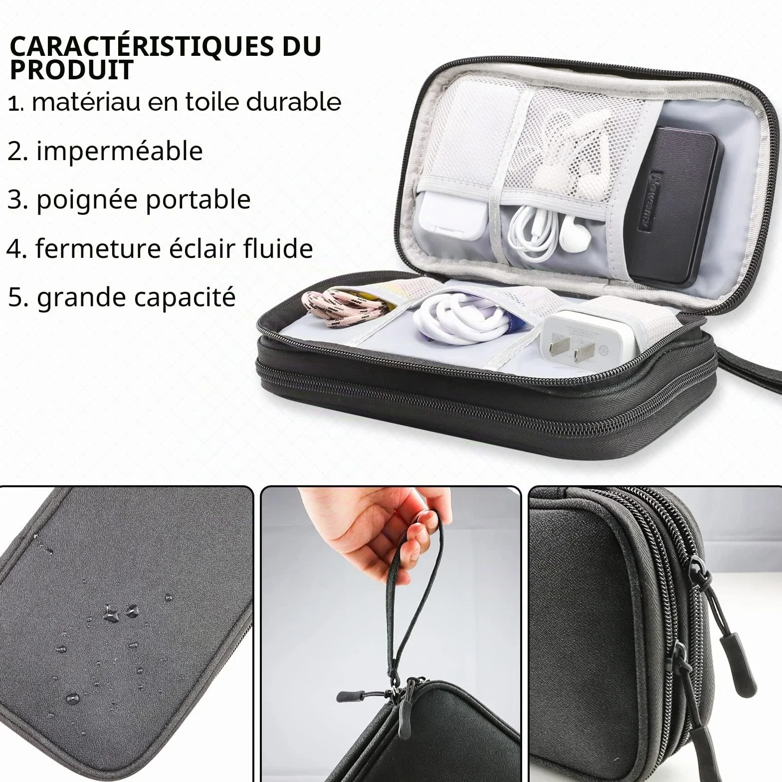Teskyer Sac de Rangement Câble Étanche Antichoc 2 Couche Noir