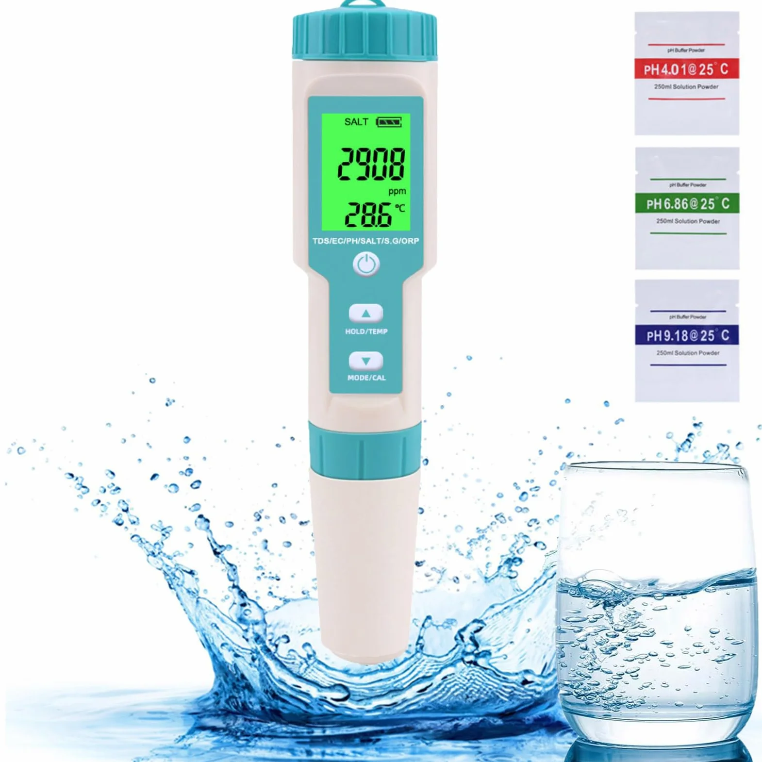 Testeur De Qualité de L'eau, Testeur PH Mètre 7 en 1 et PH/TDS/SALT/ORP/S.G/TEMP/EC, PH-mètre Avec Écran LCD, Pour Eau Potable, Piscine, Aquariums, Hydroponie #A
