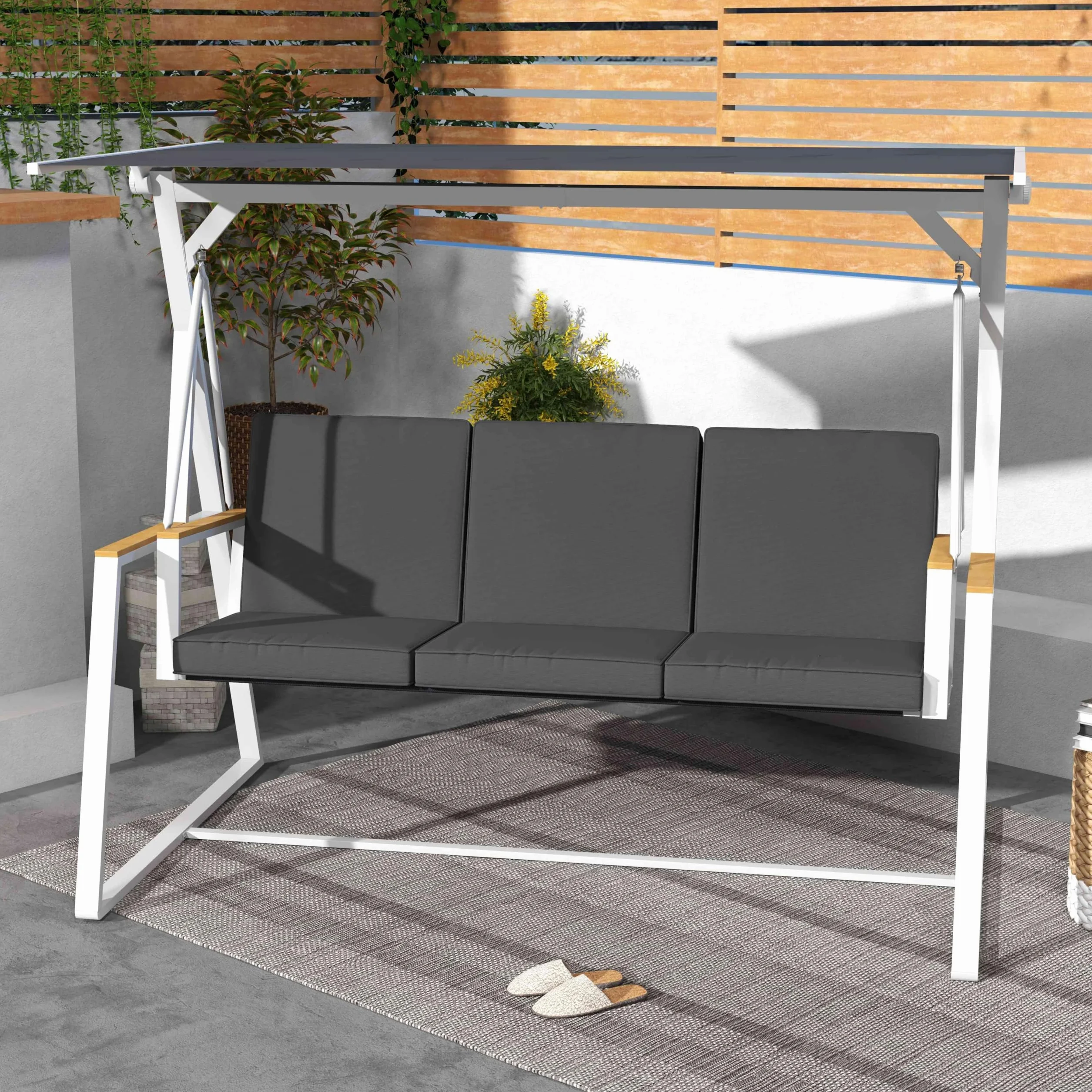 Outsunny Balancelle de Jardin 3 Places Toit Inclinaison réglable Matelas 205x130x175 cm Cadre Acier Gris