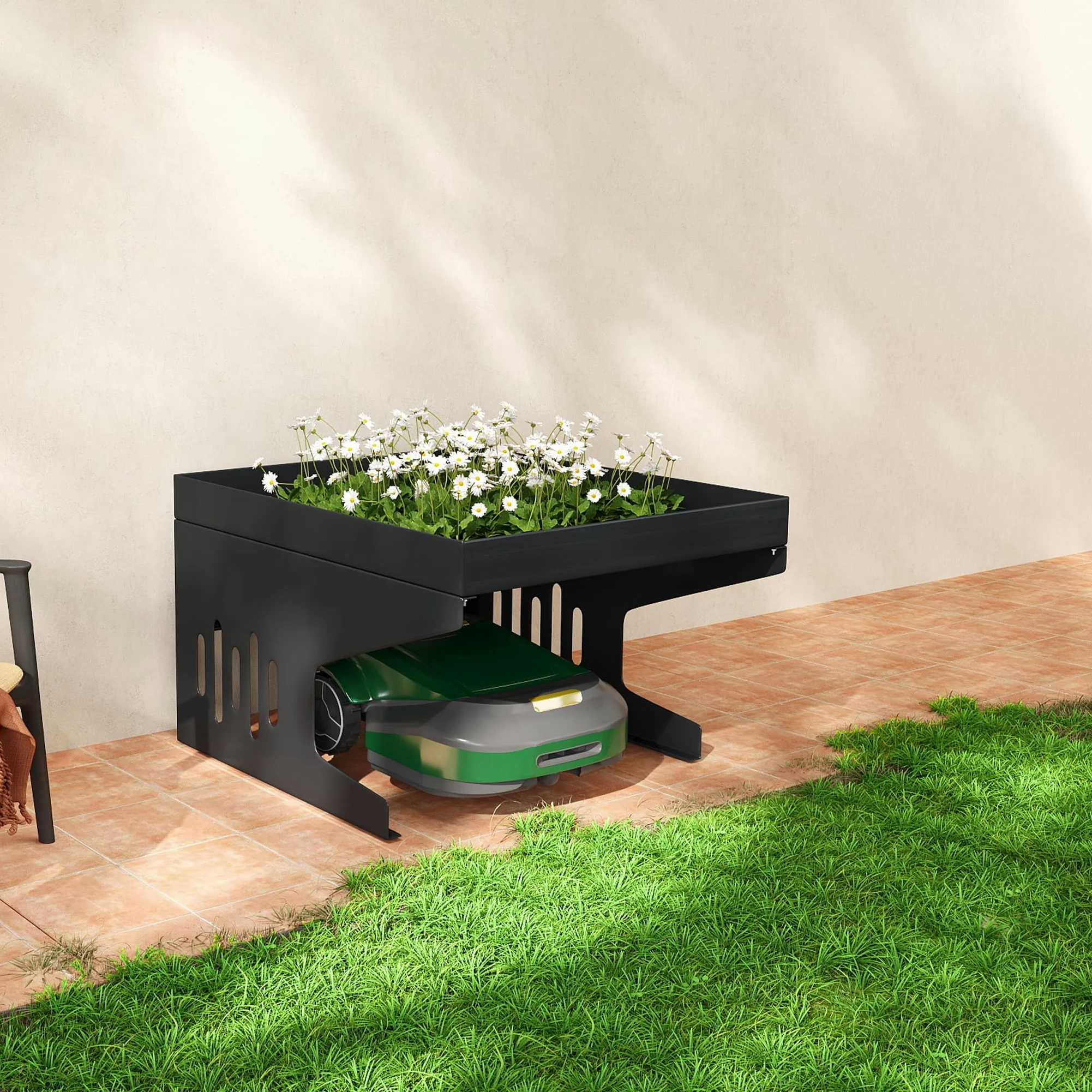 Toit de garage pour tondeuse robot - 70 x 60 x 43 cm - En métal - Protection contre la pluie et le soleil - Avec bac à plantes - Résistant aux intempéries - Pour la plupart des robots à gazon